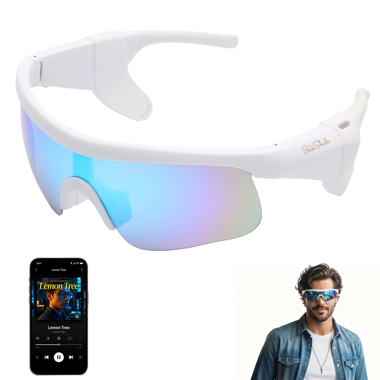 Peak Shade Smart Glasses, Sport Sunglasses Bluetooth 5.3, Voice Control Open-Ear Speaker, Polarized UV400 Protection, Magnetic Charging, IPX5 Waterproof Glasses for Outdoor(White/Ice Blue)-image-39