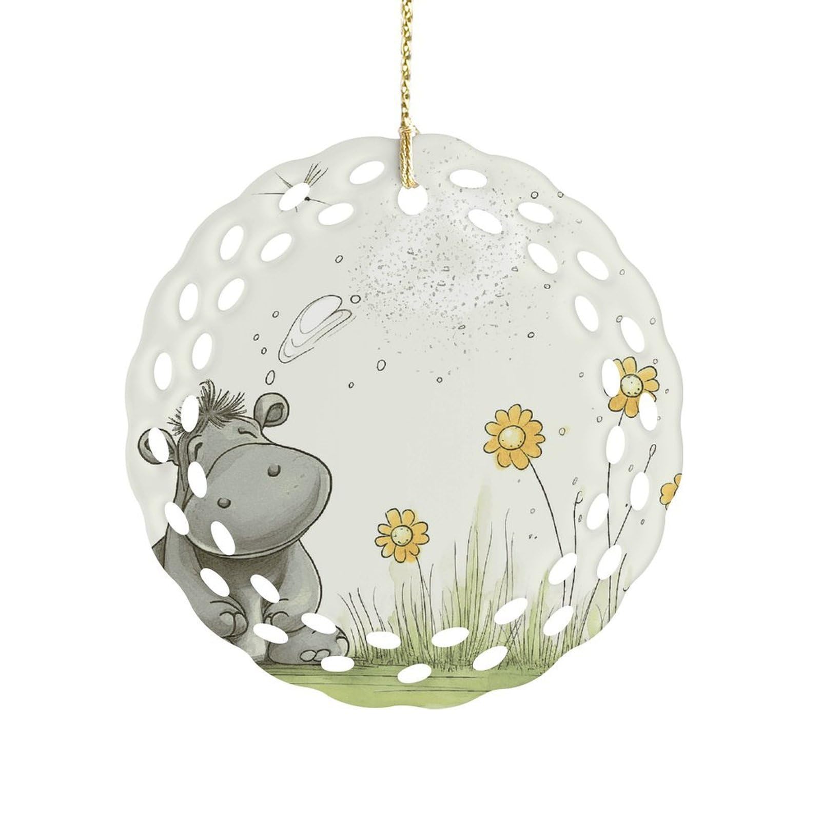 Btcowzrv Style Hippo And Dandelion Ceramic Ornament,Round Ornaments With Hole Easy To Hang,Hanging Ornament For Wedding Party Home Window Garden Christmas Day Decor