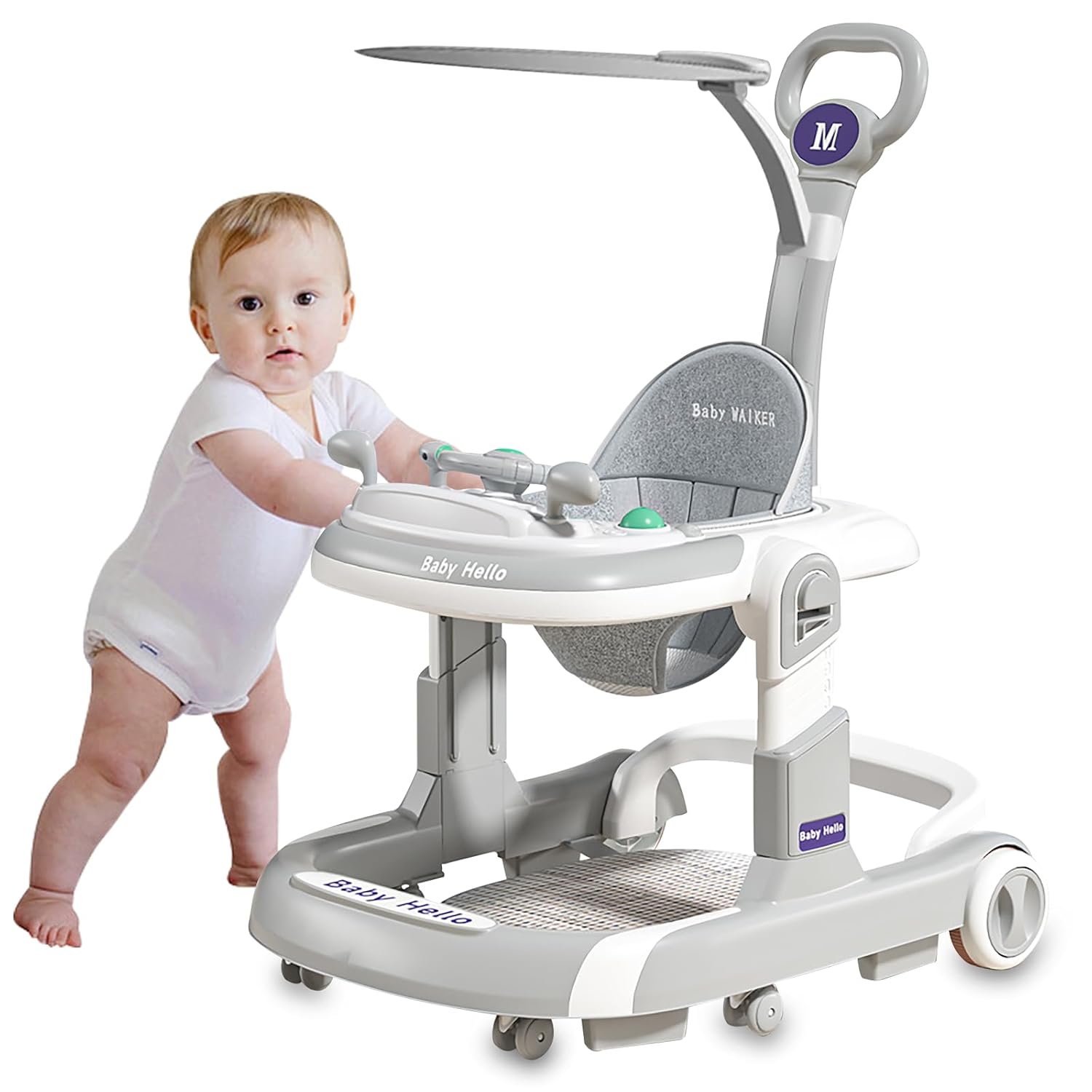 3-in-1 Foldable Baby Walker: Music Car-Themed Activity Center, Walker with Wheels, Walker and Bouncer Combo with Foot Mat, Anti-Tip and Sheds Design for Infant Boys & Girls 6-18 Months (Grey)