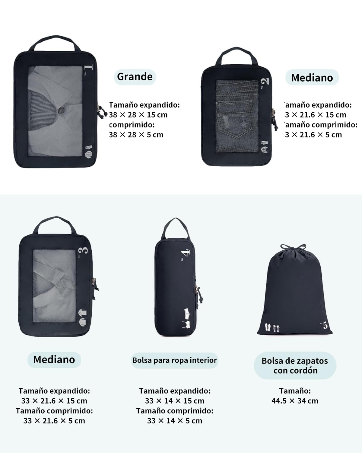 ECOHUB 5 Sets Compresión Organizador Maleta Packing Cubes For Travel Essentials Bolsas Organizadoras Ropa Viaje Avion Viajes Accesorios(Azul oscuro)