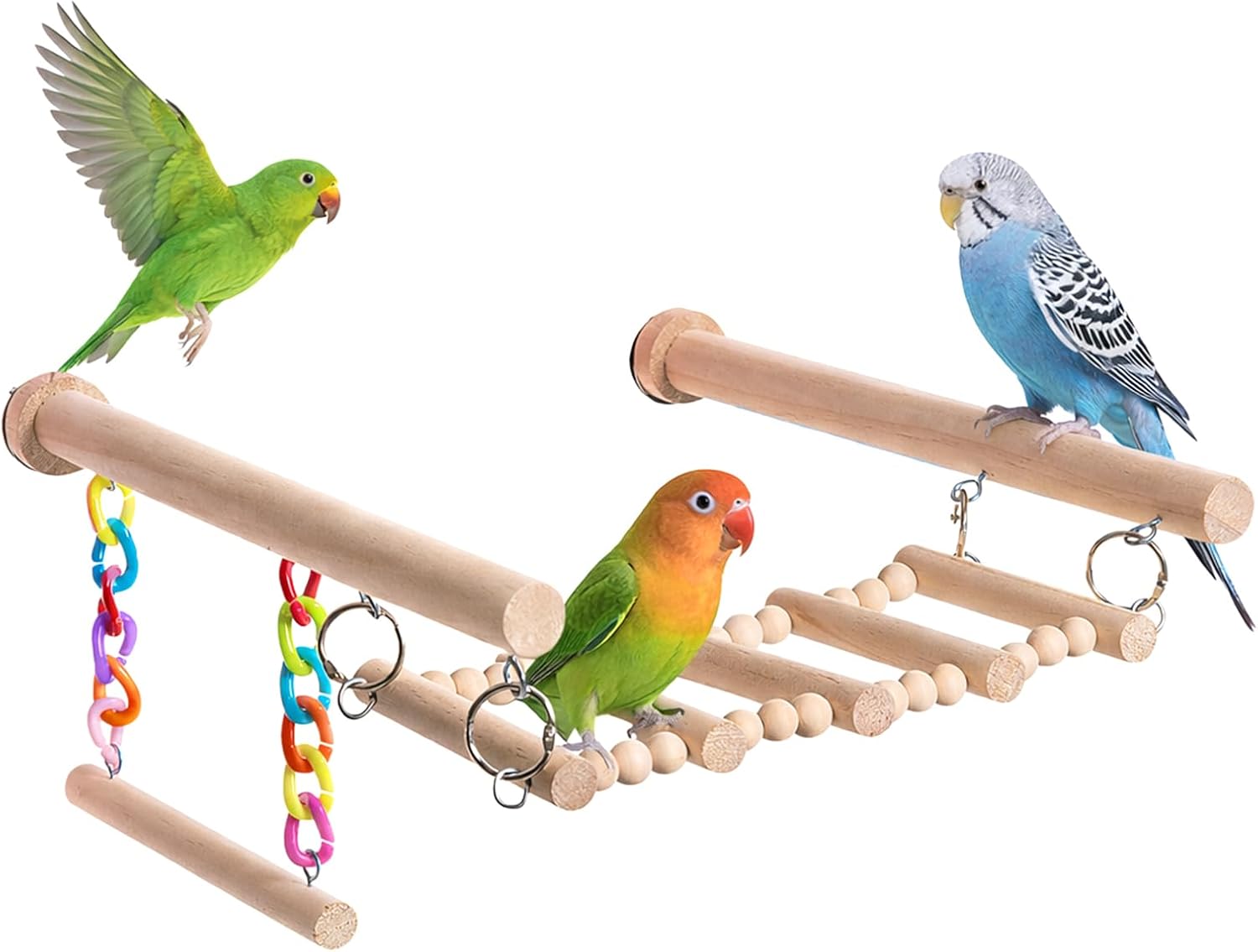 Tiiyee Bird Perches Ladder with Swing, Natural Wood Climbing Ladder for Parakeet, Parrot Bridge Platform Stand Cage Accessories Budgie Playground Toys for Cockatiel Lovebird Finch Budgerigar Pigeon