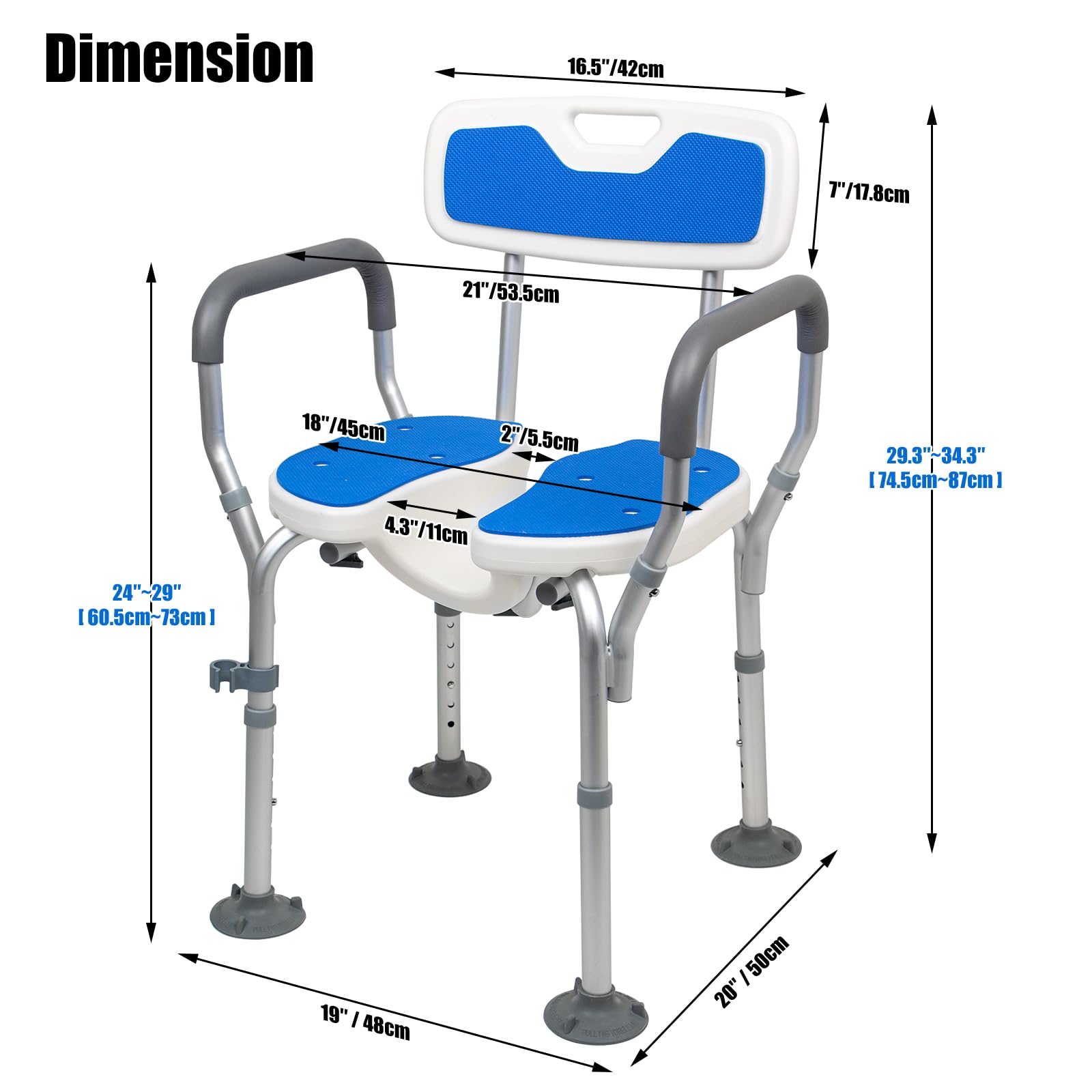 Silla de ducha ergonómica en forma de U con respaldo y reposabrazos, 180 kg, incluye ventosa, 6 niveles de altura, taburete de ducha para lavar el hogar