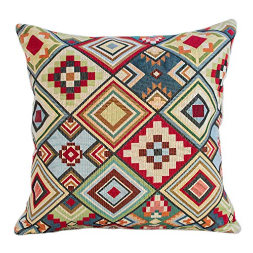 Geometric Tapestry Double Sided Cushion Cover. Multicoloured Red Blue Green Yellow Triangular Aztec Patten. 17x17 Square Pillow Case. Kilim Style Fabric