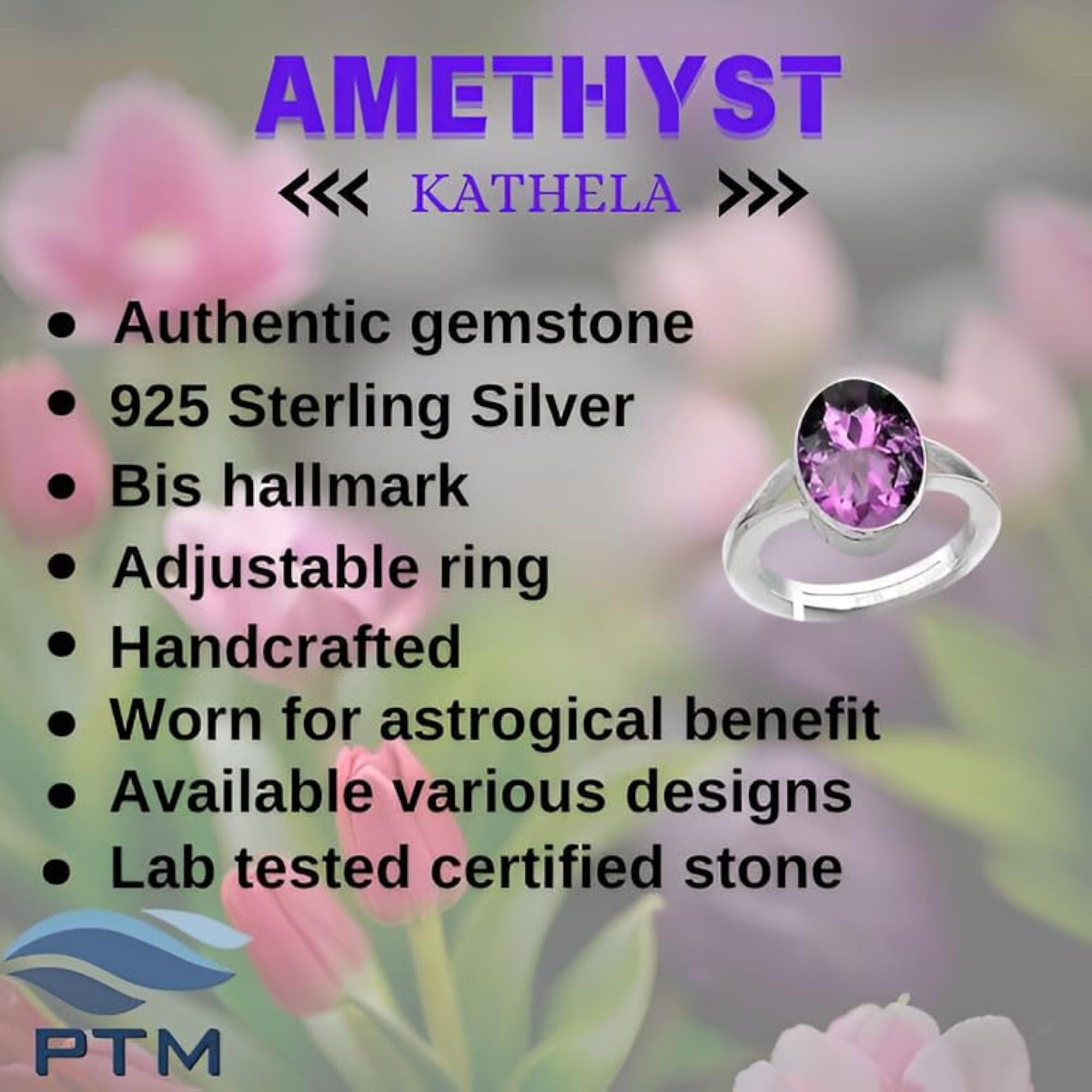 Women's 925 Sterling Silver Adjustable Amethyst Gemstone Ring