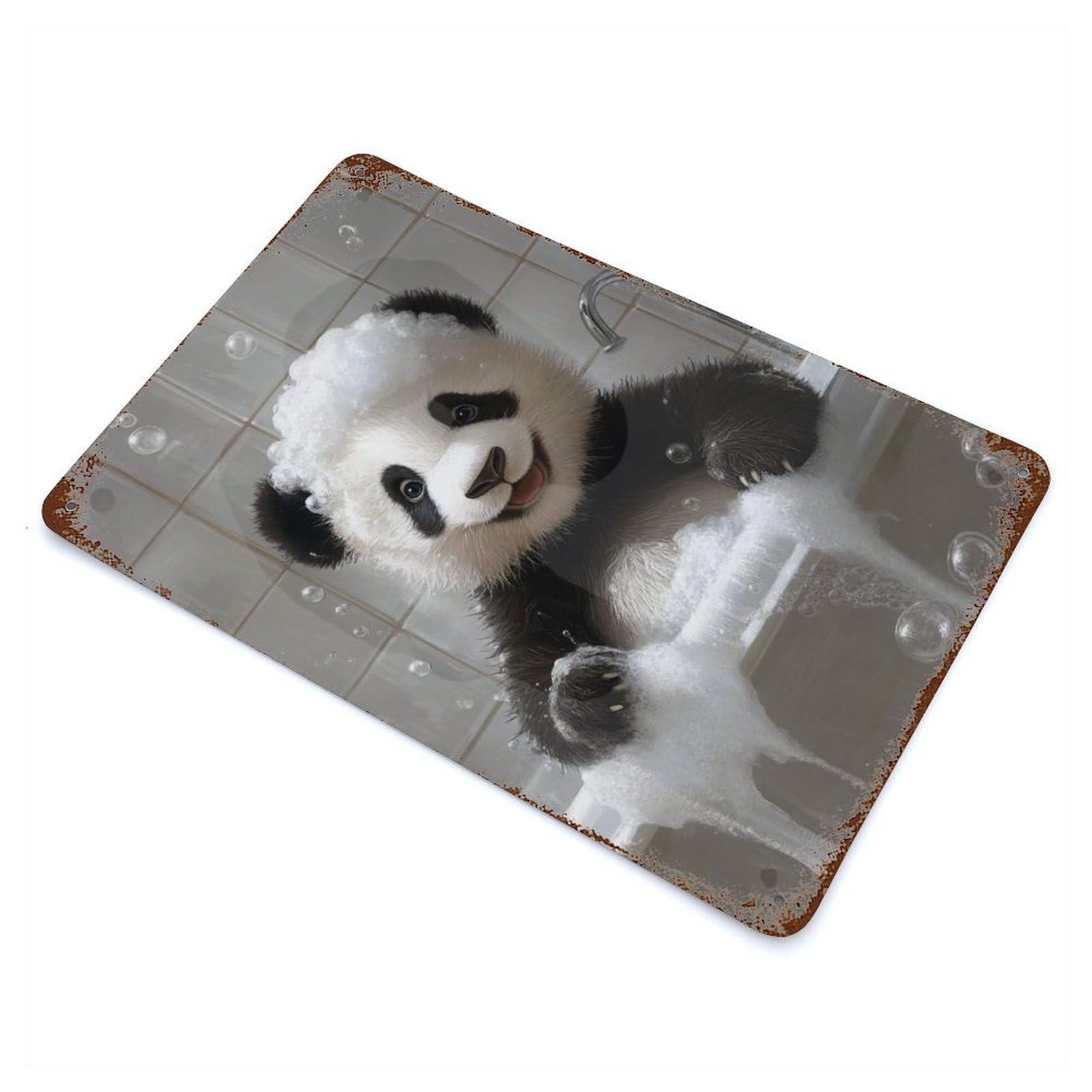 Panda Bath Time 11.8"x7.9" Aged Metal Wall Plaque, Retro Wall Decor for Farmhouse, Kitchen And Entryway Decor