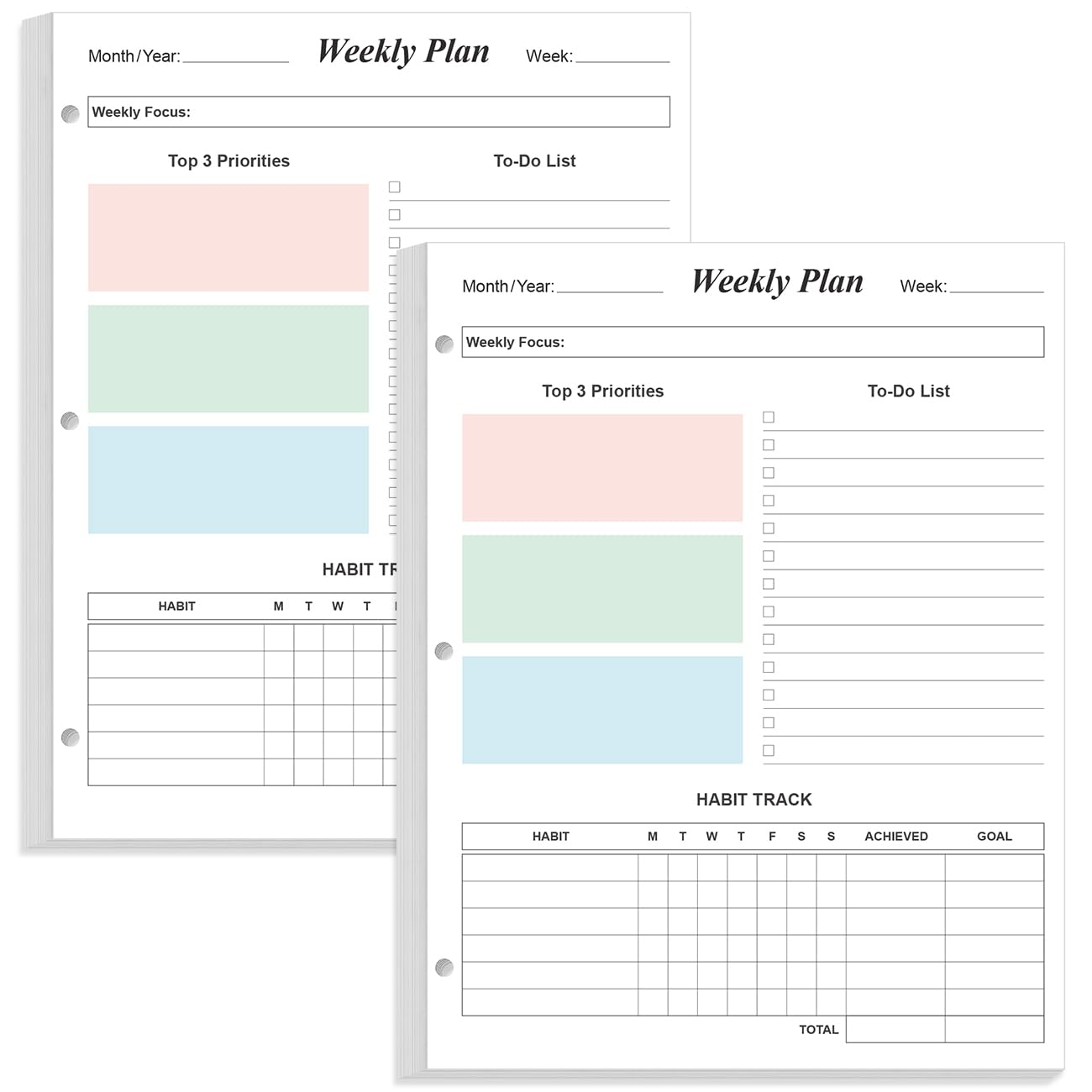 (2-Pack) 3-Hole Weekly Planner Refills - 106 Sheets/212 Pages Colorful Weekly Planner for 3 Ring Binders, 100 gsm White Paper, Lasts 2 Year, Undated,
