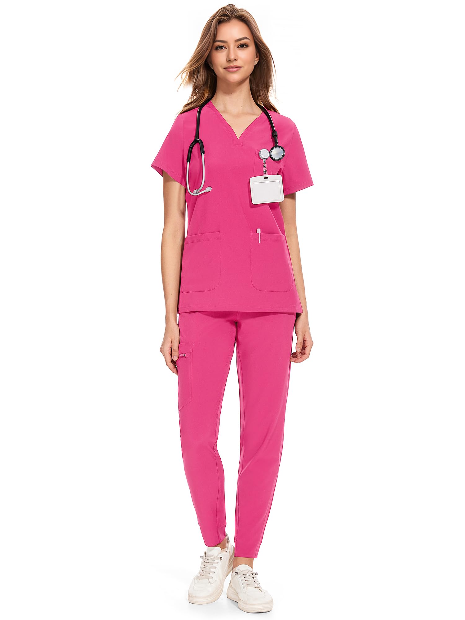 COZYFIT Medical Scrubs for Women Set - Curved V-Neck Scrub Top & Jogger Pants with 8 Pockets