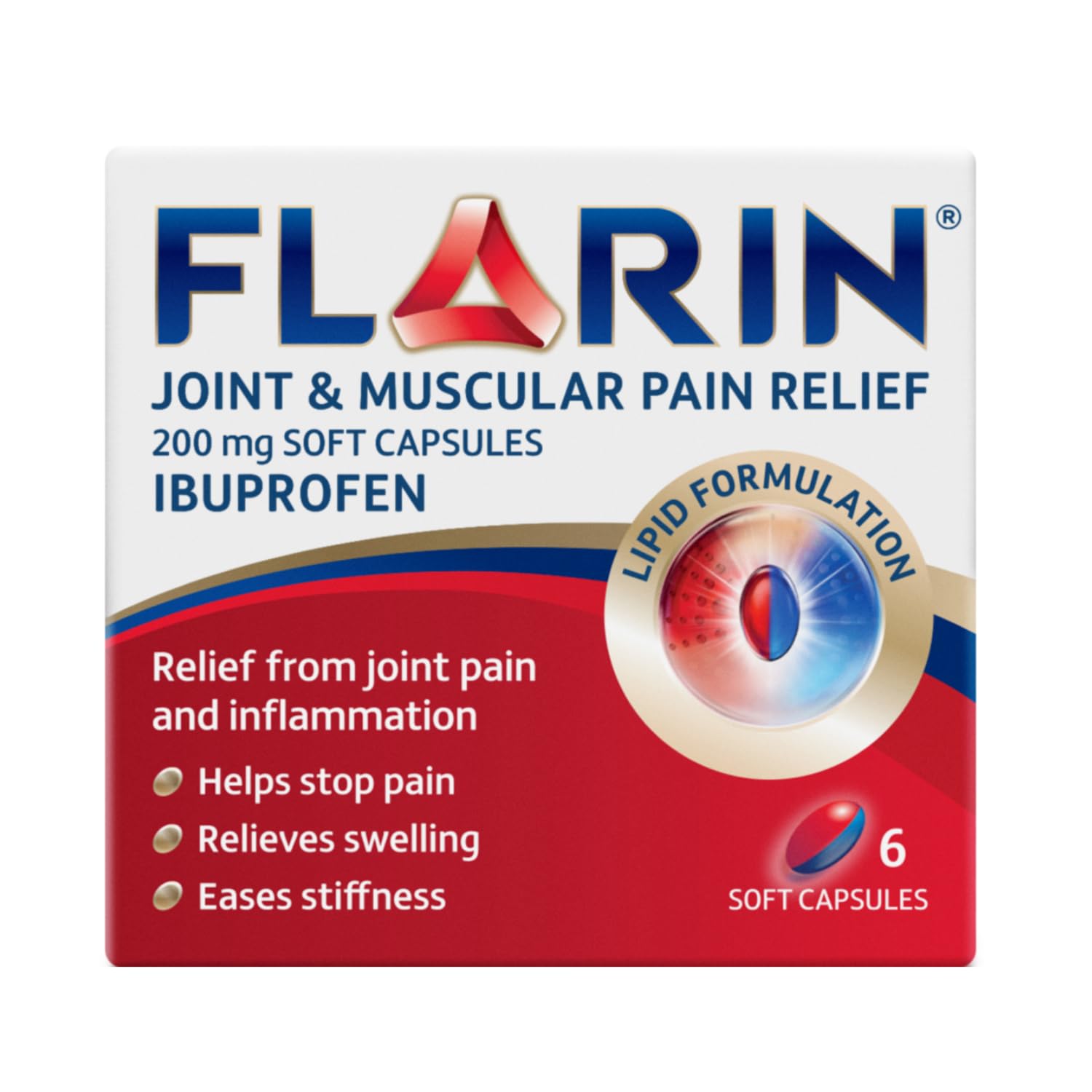 Flarin Joint and Muscular Pain Relief, 200 mg Soft Capsules, Muscle, Rheumatic, Joint and Back Pain Relief, Lipid Ibuprofen, Unique Lipid Formulation, Painkillers, 6 Soft Capsules