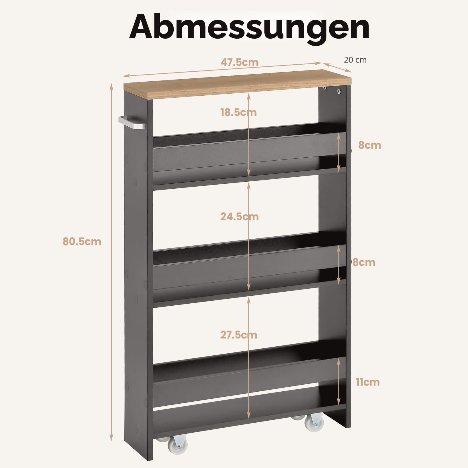 KOMFOTTEU Nischenwagen 4 Etagen, Aufbewahrungswagen Küchenwagen mit Rollen, Nischenregal mit Griff, Küchenschrank & Rollregal platzsparend für Küche, Bad, Büro (Grau & Natur)
