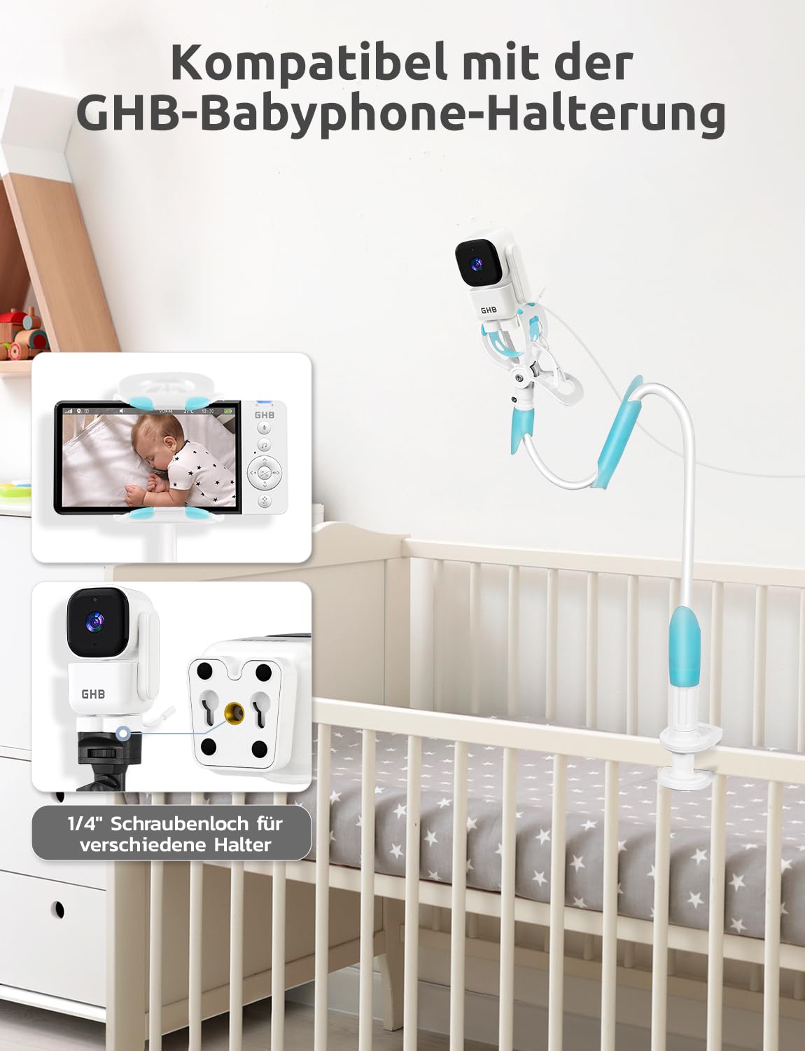 GHB Babyphone mit Kamera 5 Zoll IPS-Display 350° Rotation 5000 mAh VOX 4-Fach-Zoom Nachtsicht Raumtemperatur-Anzeige Zwei-Wege-Audio 720