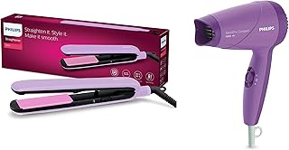PHILIPS BHS393/40 Straightener with SilkProtect Technology. Straighten, curl, suitable for all hair types, Lavender & HP8100/46 Hair Dryer (Purple) - Hair Care Combo