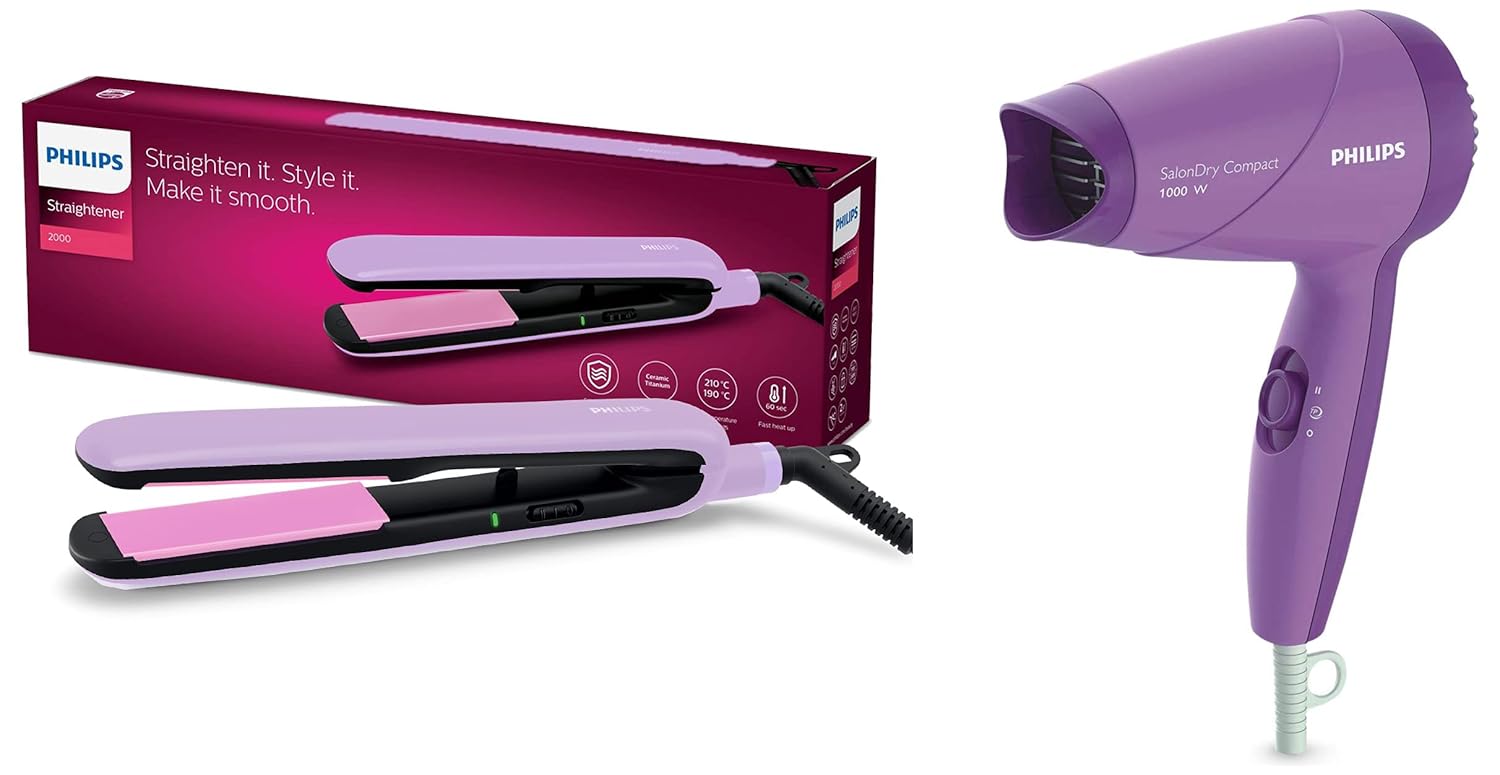 PHILIPS BHS393/40 Straightener with SilkProtect Technology. Straighten, curl, suitable for all hair types, Lavender & HP8100/46 Hair Dryer (Purple) – Hair Care Combo