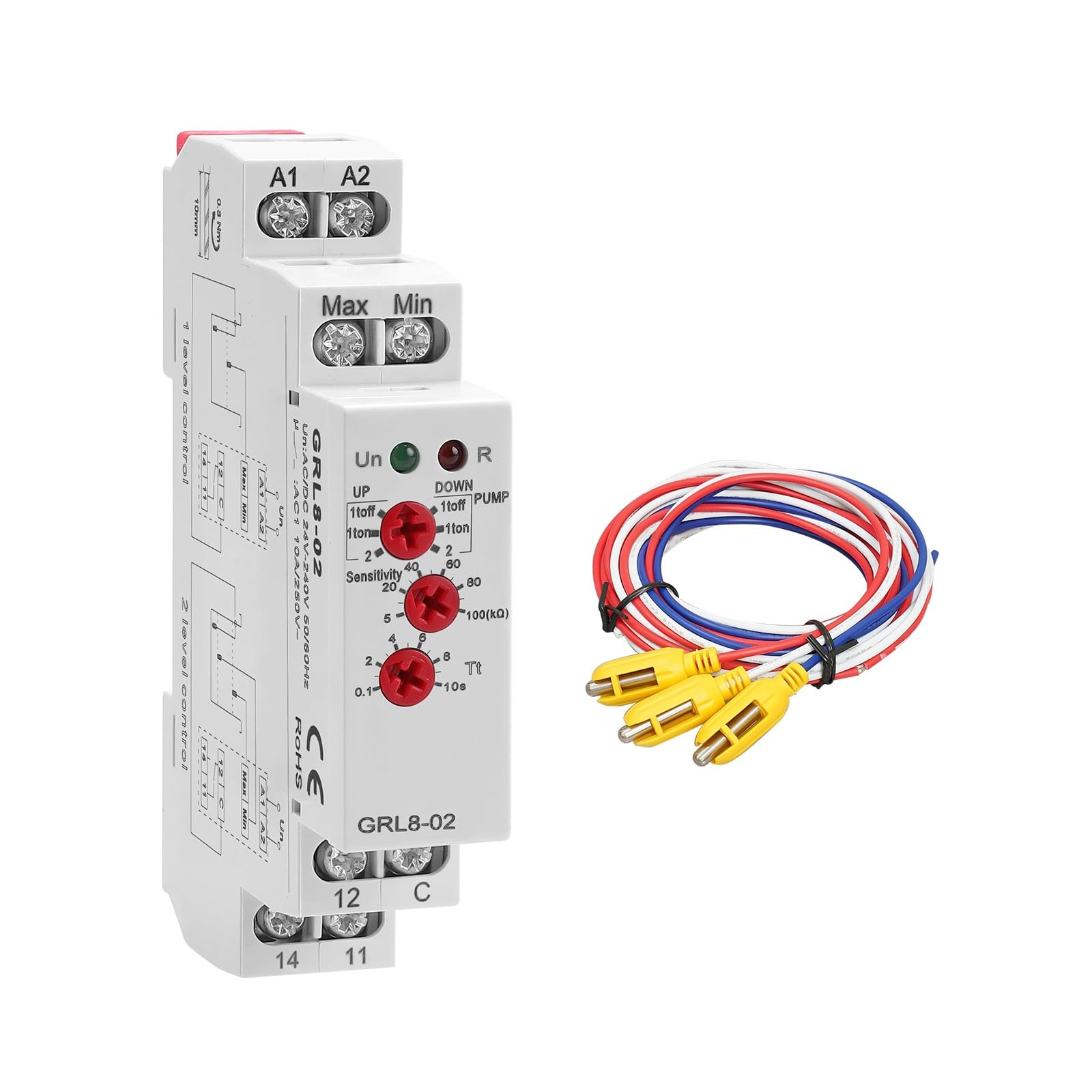 Rilevamento del livello di liquido a 1 o 2 poli Sensore di Livella Dell'acqua, GRL8-02 AC/DC 24-240V Sensibilità regolabile con sensore, 0.1-10s Per il Monitoraggio Del Liquido