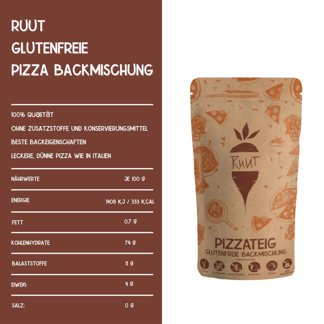 Mezcla para pizza sin gluten Ruut - Sin aditivos, paleo, sin gluten, sin cereales, sin lactosa | Base de pizza fina y crujiente como en Italia (900g)