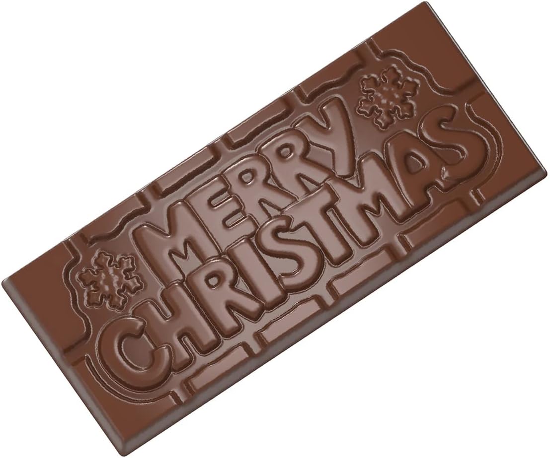 Chocolate World CW12025 Polycarbonate Candy Mold with 4 Merry Christmas Tablet Cavities, Each 50mm x 118mm x 8mm High