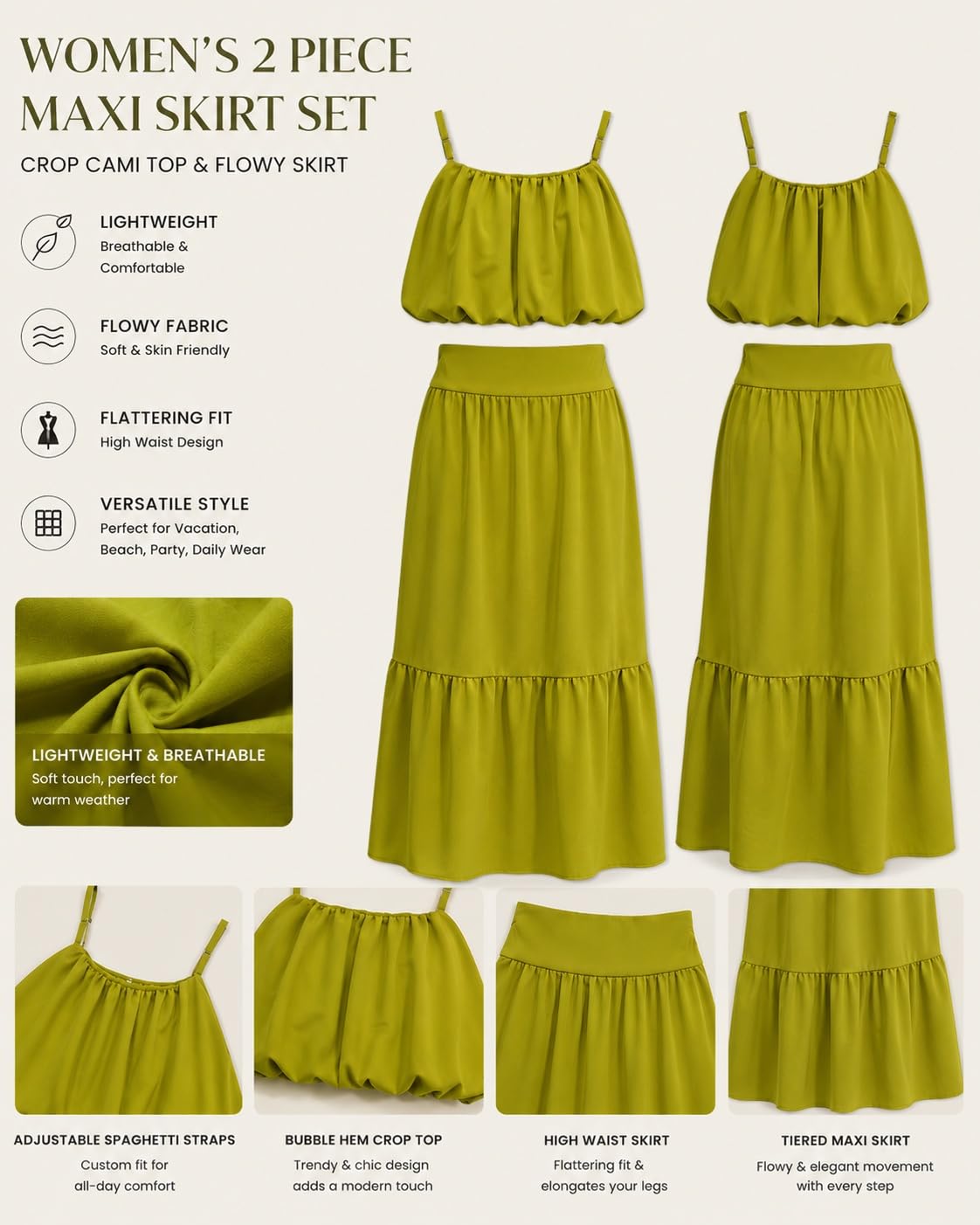 Ensemble femme 2 pièces été crop top jupe longue taille haute volants vacances