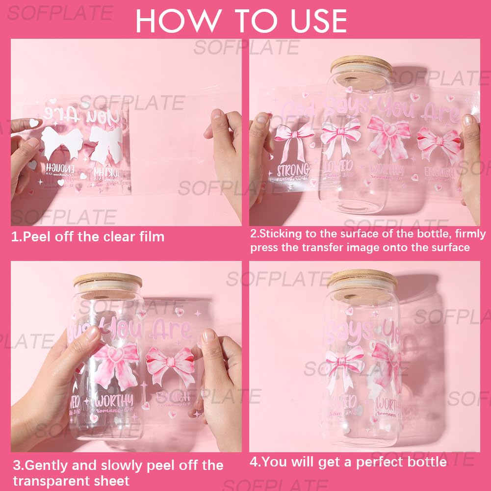 SOFPLATE 8 Sheets 8 Styles Glass Cup Sticker Wrap Waterproof Pink Bow Decals Heart Flower Rainbow Bowknot Pattern UV DTF Cup Wraps Stickers for Water Bottles Glass Creative Gifts Wood Decoration - Image 4