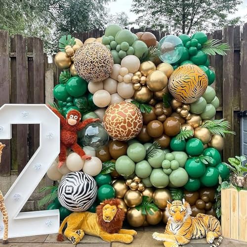 Image of Funhot Green and Brown Balloons Set, 60PCS Sage Green Brown Gold Balloon, 12Inch Jungle Safari Party Balloons Nude Metallic Gold Latex Balloons for Baby Shower Camo Woodland Birthday Party Decoration