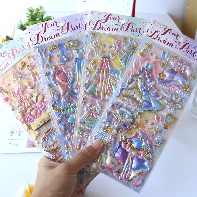 Image of 3D Puffy Princess Party Stickers Set for Kids - Dream Party Fairy Girl Stickers with Dresses & Accessories for Scrapbooking, Journals, School Projects & DIY Crafts