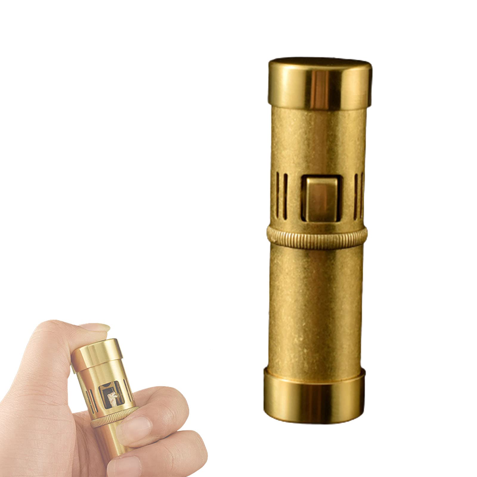 Retro Cylindrical Kerosene Lighter Push Ignition Pure Brass Heavy Duty Portable Oil Lighter (No Fuel)