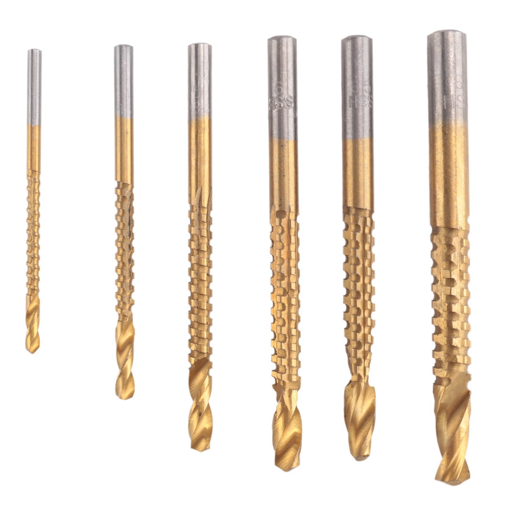 Littimoon 6 Pack Titanium Coated HSS Twist Bits, 3-8mm Serrated Side Cut Bits Woodworking Tools for Plastic Metal Wood Holes