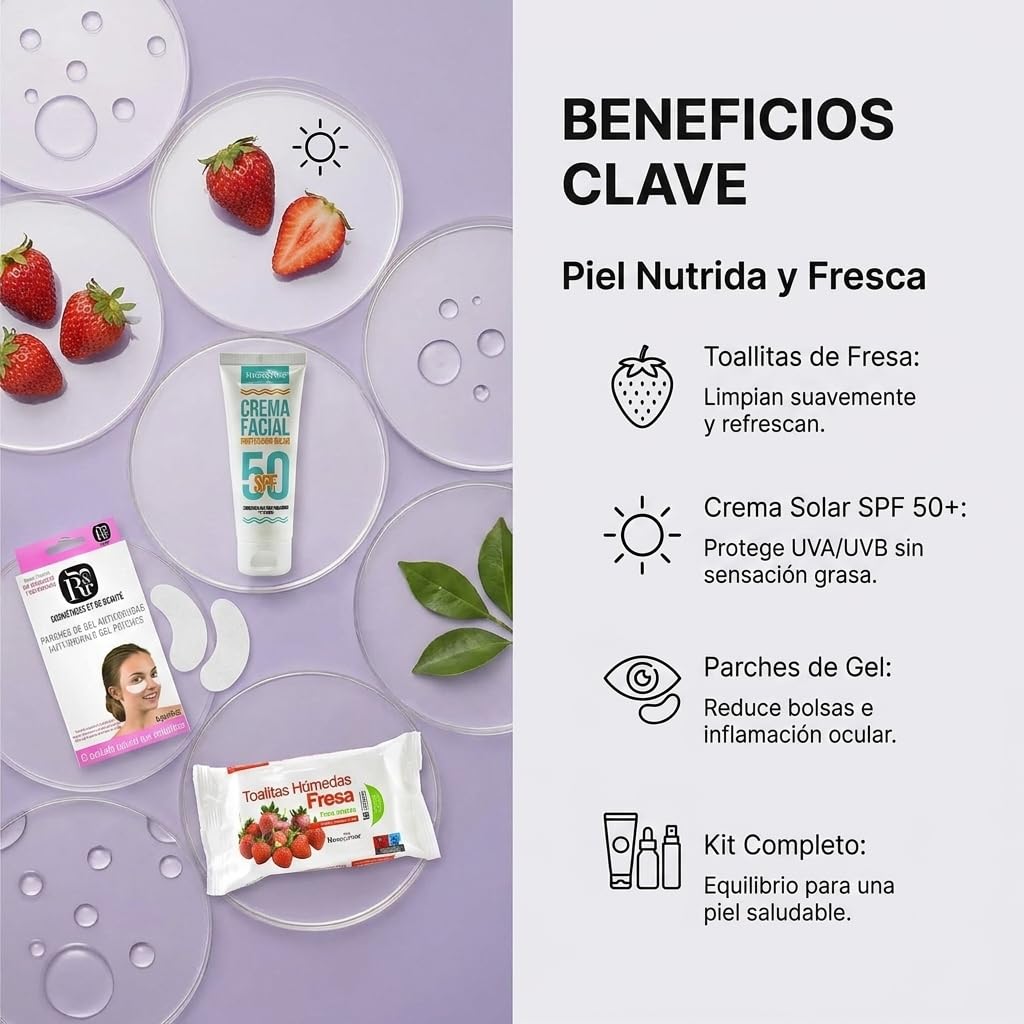 Rose & Rose Zestaw Chusteczek Truskawkowych + Solarny krem do twarzy SPF 50+ + Żelowe plastry do oczu | Czyszczenie, ochrona i świeżość promiennej skóry | Codzienna pielęgnacja twarzy