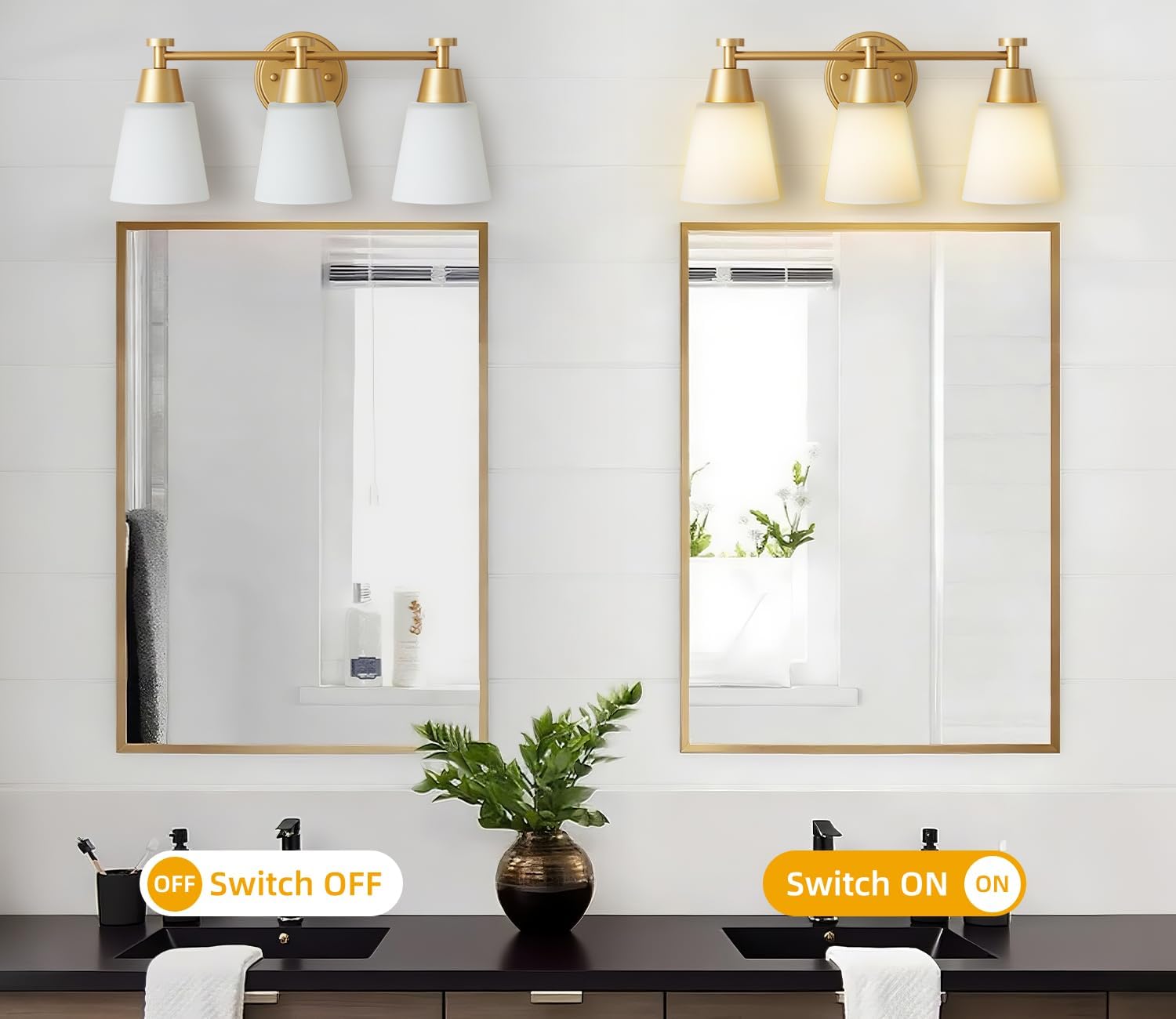 Milk Glass Bathroom Vanity Light Over Mirror, 3 Light Brushed Gold Stainless Steel Wall Mount Modern Vanity Light Fixture with Frosted Glass for Bathroom