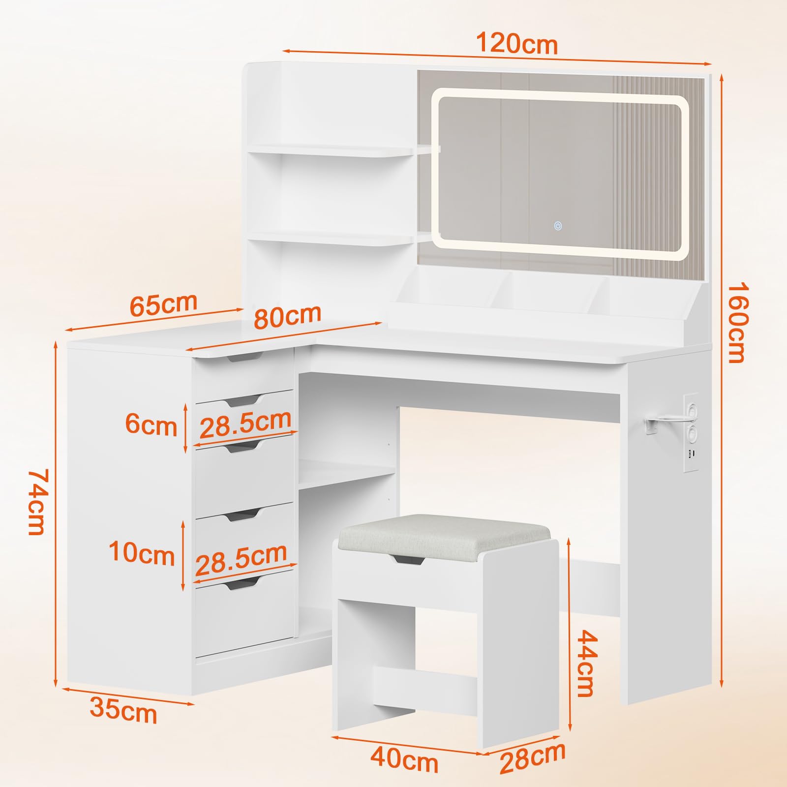 JUMMICO Toeletta per Trucco con Specchio LED e Presa USB, Scrivania a L con Sgabello, Postazione Trucco con 5 Cassetti e Ripiani, Salvaspazio per Camera da Letto Tavolo (Bianco opaco)