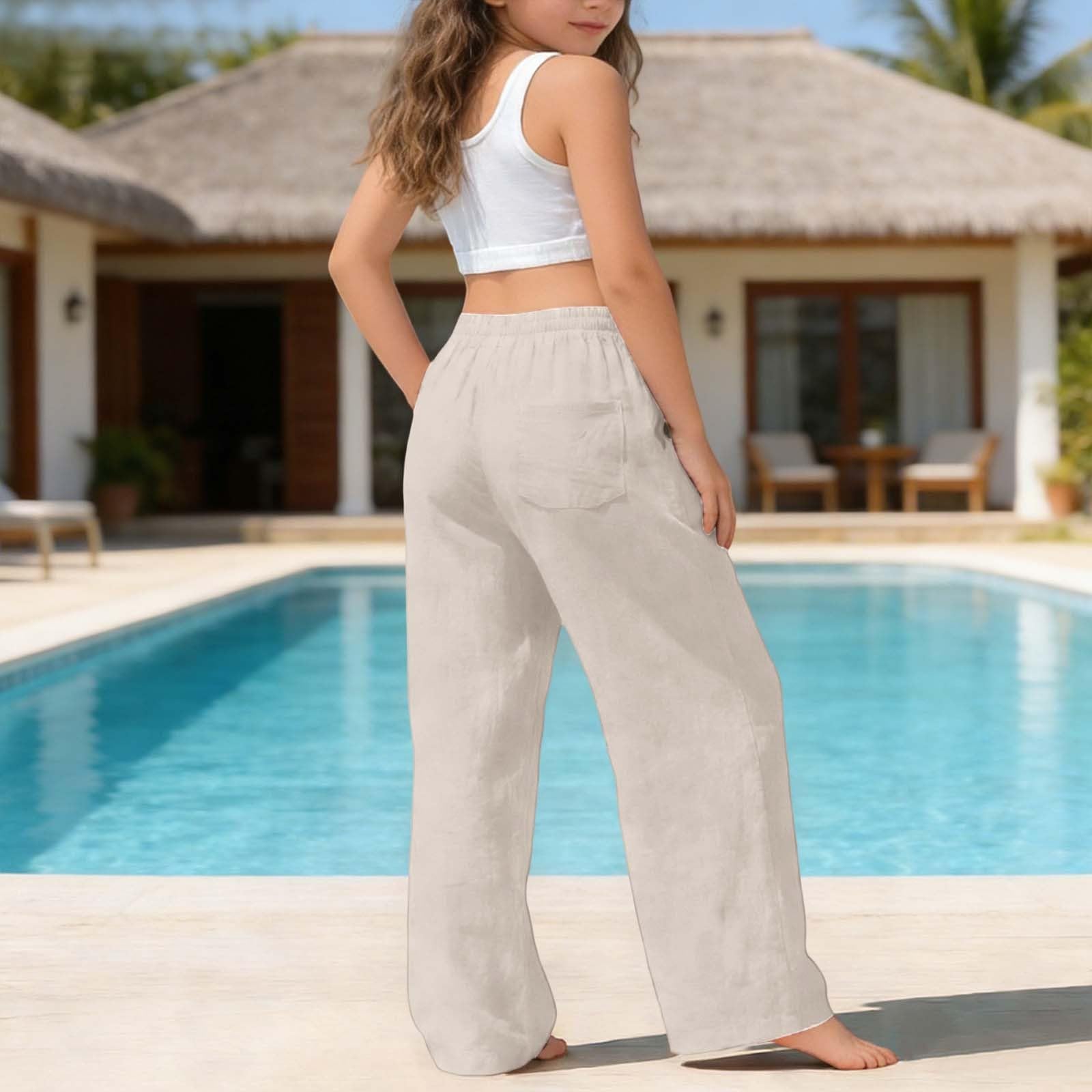 pvucpot Pantalon Fille Fluide Palazzo pour Ado Cordon de Serrage Fente au Bas Taille Élastique Long Décontracté Jambes Larges Confort Pantalon Ample pour Enfant Filles