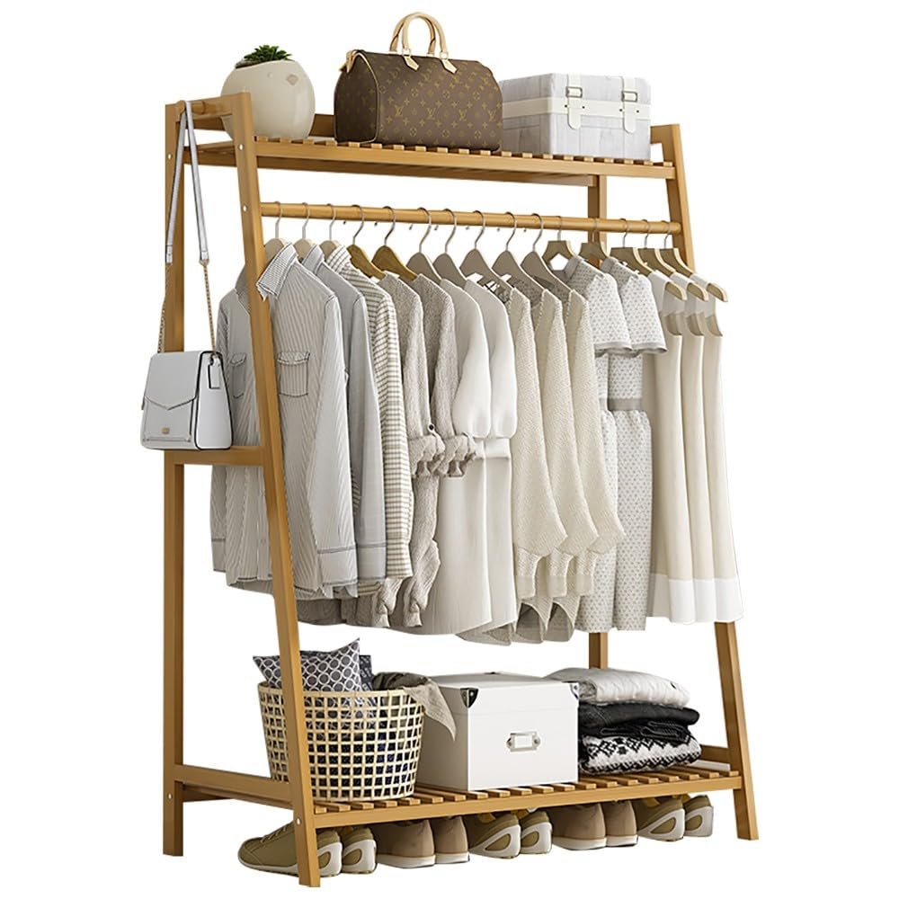 XDLEDMKIZ Bamboo Freestanding Clothes Rack with Top Shelf and Garment Rack for Bedroom and Entryway Storage X40X140cm