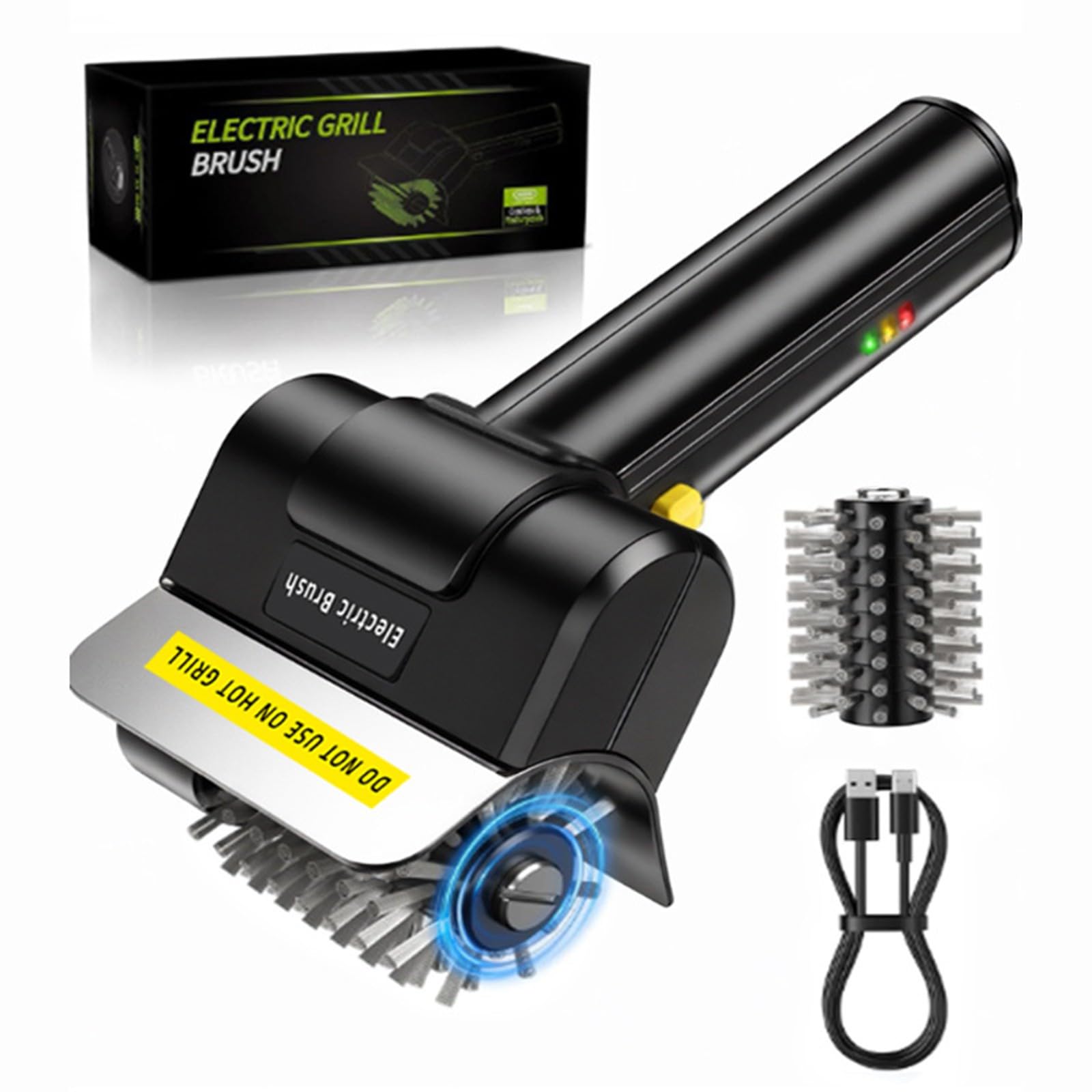 Brosse de nettoyage pour grilles de barbecue électrique - Tête en acier remplaçable - Poignée ergonomique pour cuisine extérieure - Rechargeable