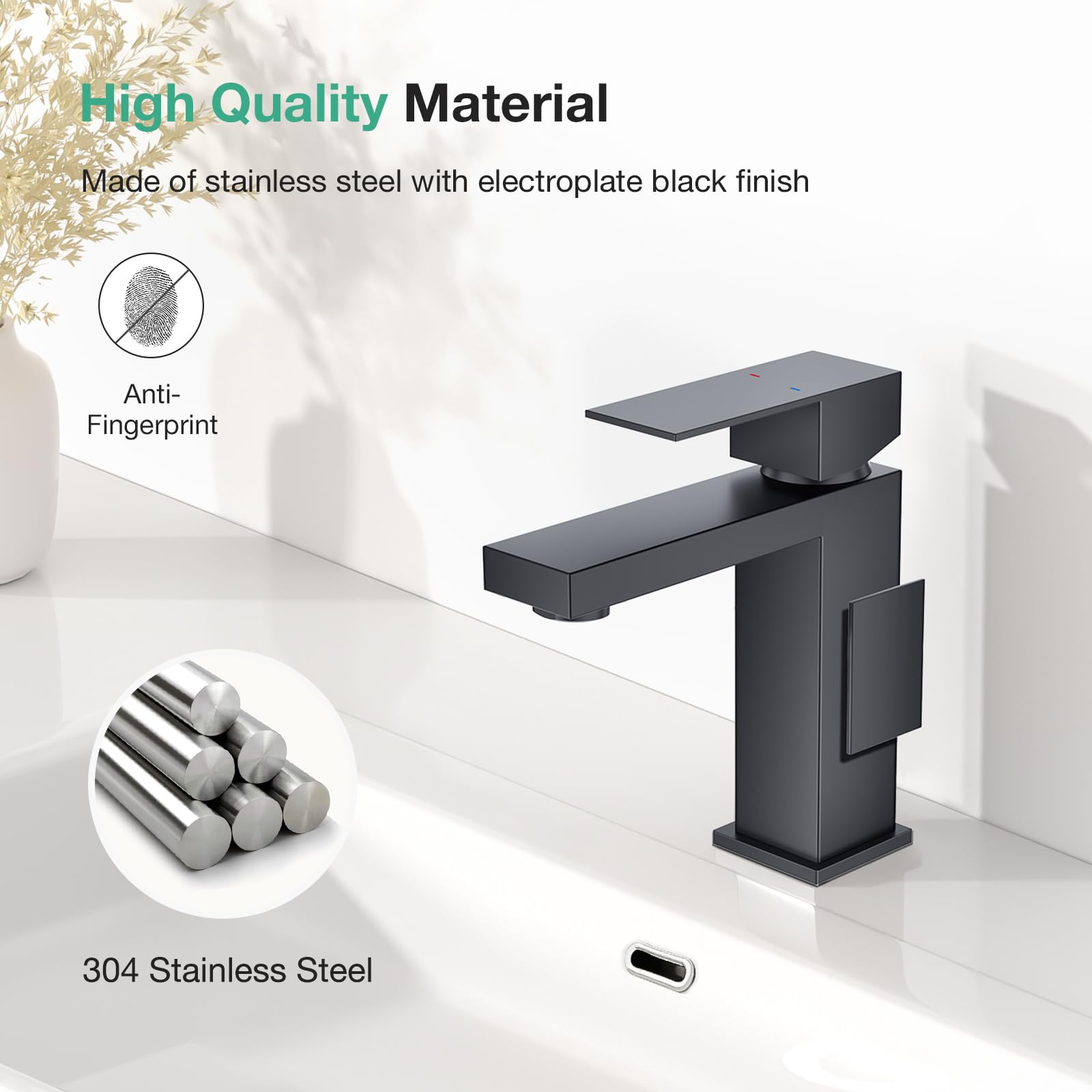 Faustina Grifo de Baño para Lavabo rectangular y Click-Clack Válvula Desagüe con Rebosadero, Grifo para Baño Mezcla dor Monomando Cuadrado con Vaciador Acero Inoxidable, Negro Mate