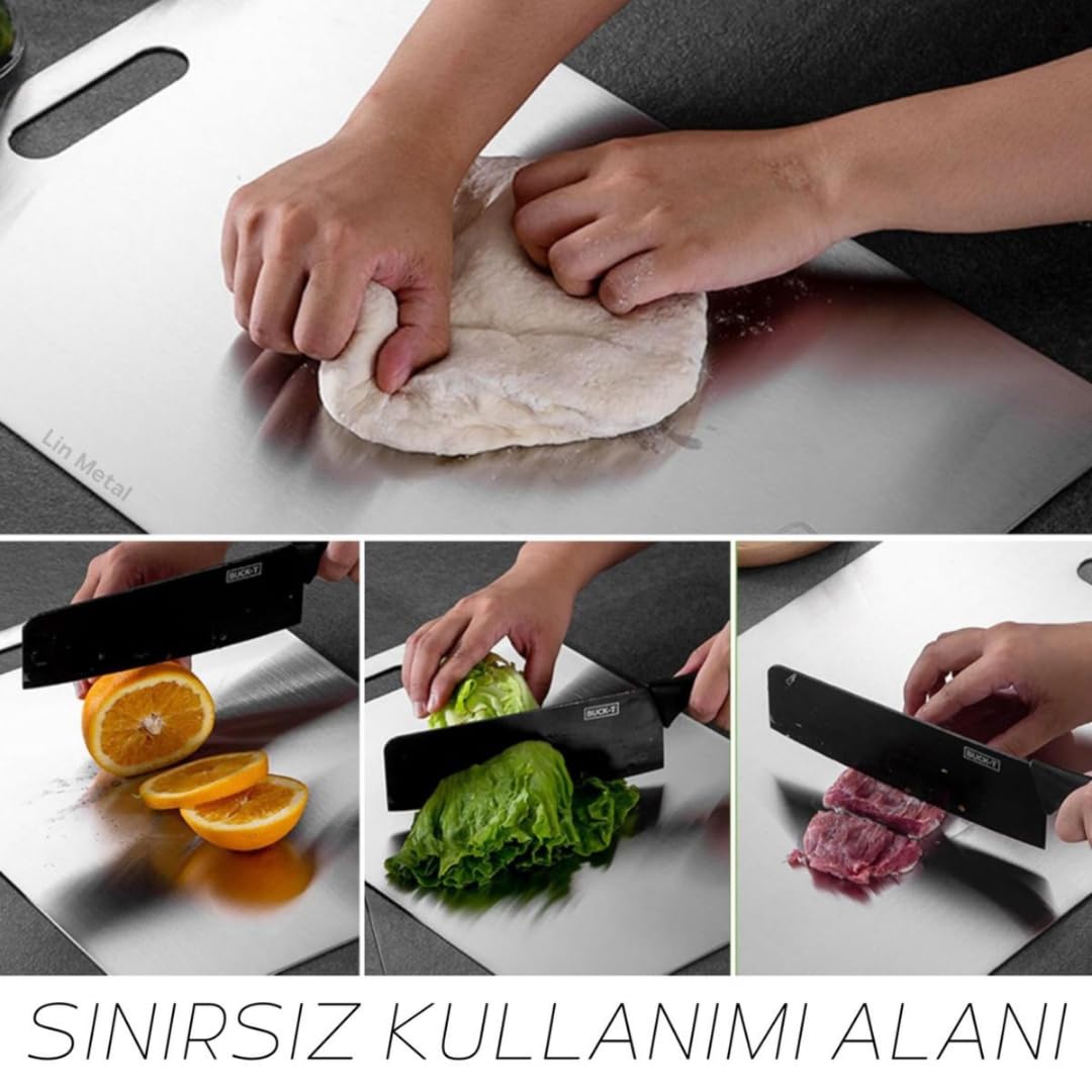 Çelik Kesme Tahtası Paslanmaz Çelik Gıda Temasına Uygun Hijyenik ve Dayanıklı Antibakteriyel 0,7 mm Kesim Panosu Levhası Cam Kesme Tahtası (İNCE SERİ KOLAY TAŞIMA)