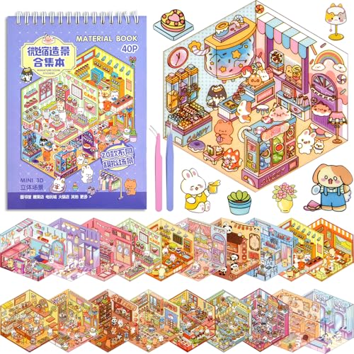 ASTARON 20 Sets DIY 3D Sticker Scene Book for Adults Make Your Own Mini Cozy Shop House Room Stickers Cute Cartoon Miniature Stickers for Girls Relief Stress Pass The Time