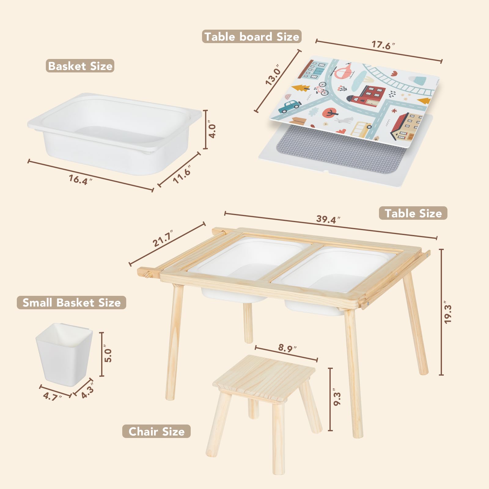 Juego de mesa y silla sensorial 5 en 1 para niños, juego de arena y agua de madera, bloques de construcción, estudio, comedor, almacenamiento de juguetes 4