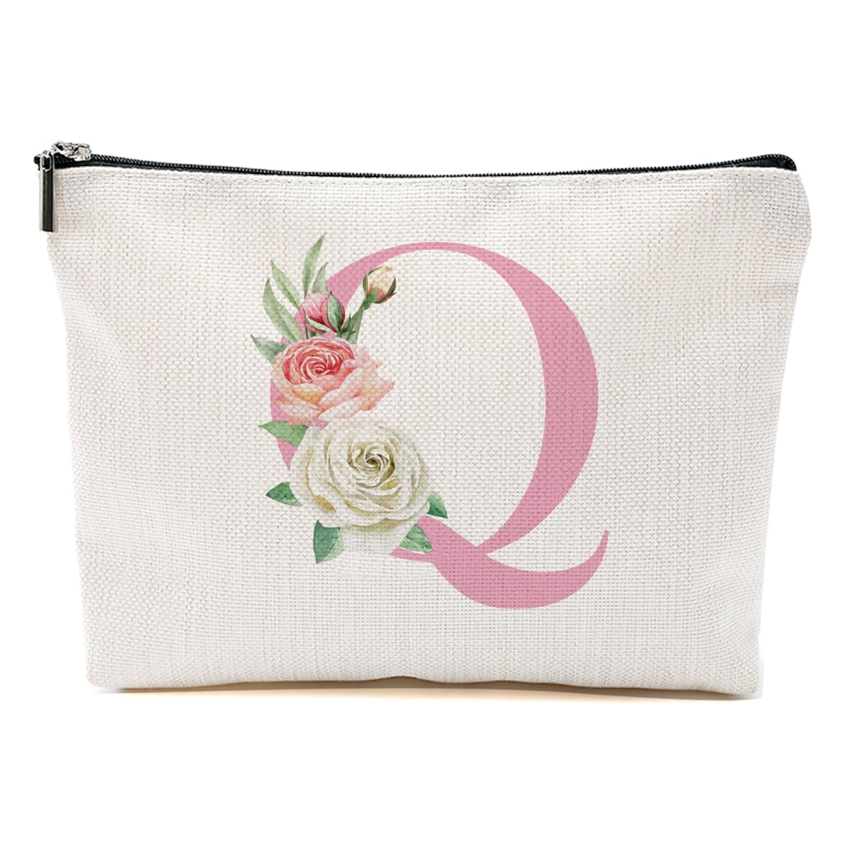 Pink Monogram Makeup Bag, Initial Q, Cosmetic Bag Personalized Travel Organizer Bags Makeup Pouch, Monogrammed Gifts for Women Girls Friend Sisters