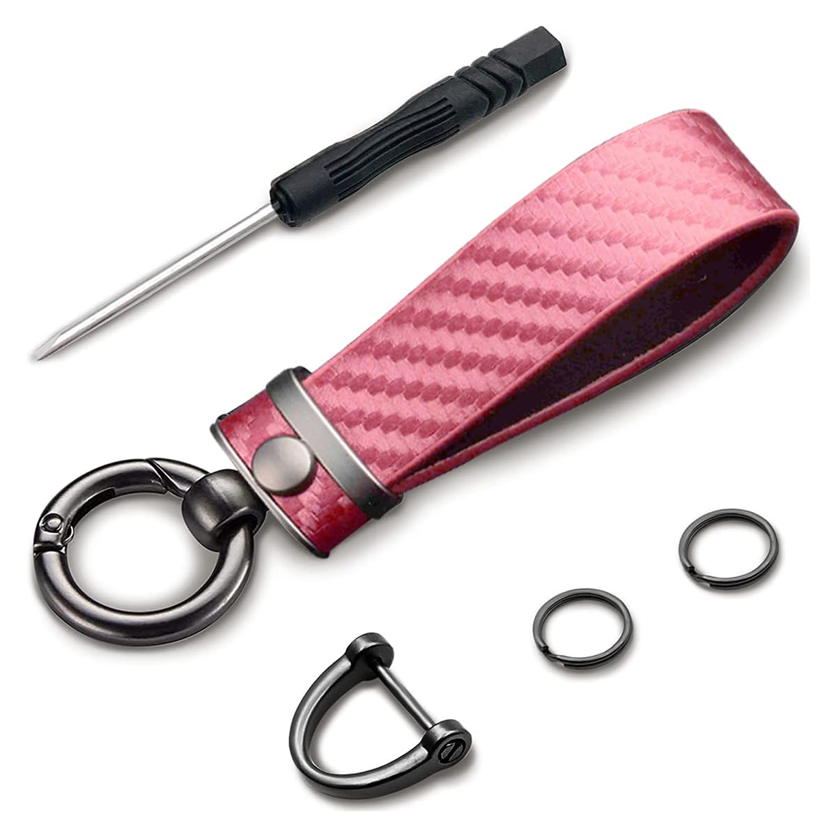 Kewucn Carbon Fiber Style Car Key Chain, Microfiber Leather Keychain, 360 Degree Rotatable Anti-Lost D-Ring Key Fob Holder (Pink)