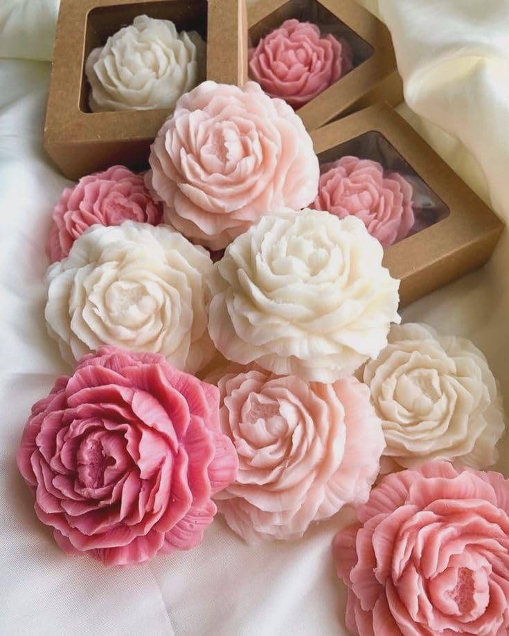 Wax Peony Flower Scented Candles, Natural Fragrances, Long-Lasting Aroma, Home Decor & Festivals Gifting, White & Pink, Pack of 2, Normal Size-image-5