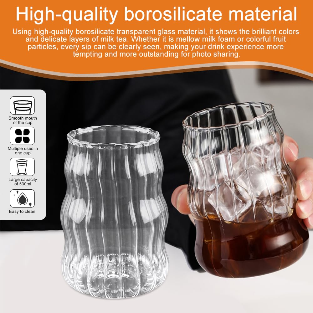 Set Di 4 Bicchieri In Vetro Per Latte Macchiato 530 Ml, A Coste, Con 4 Cannucce In Acciaio, Adatti A Microonde E Lavastoviglie