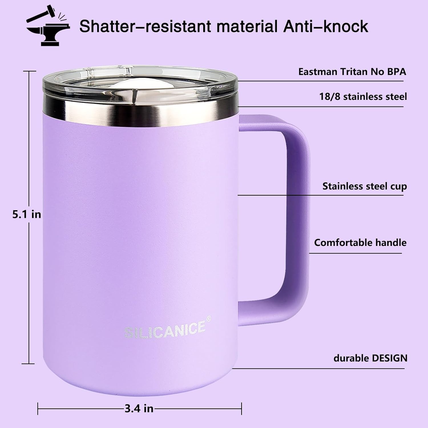 14 / 24oz Insulated Coffee Mug With Handle, Break & Scratch Resistant lid With Detachable Slider, Stainless Steel Vacuum Insulation Tumbler, BPA Free - Thoughtful Gift - Lilac - Image 2
