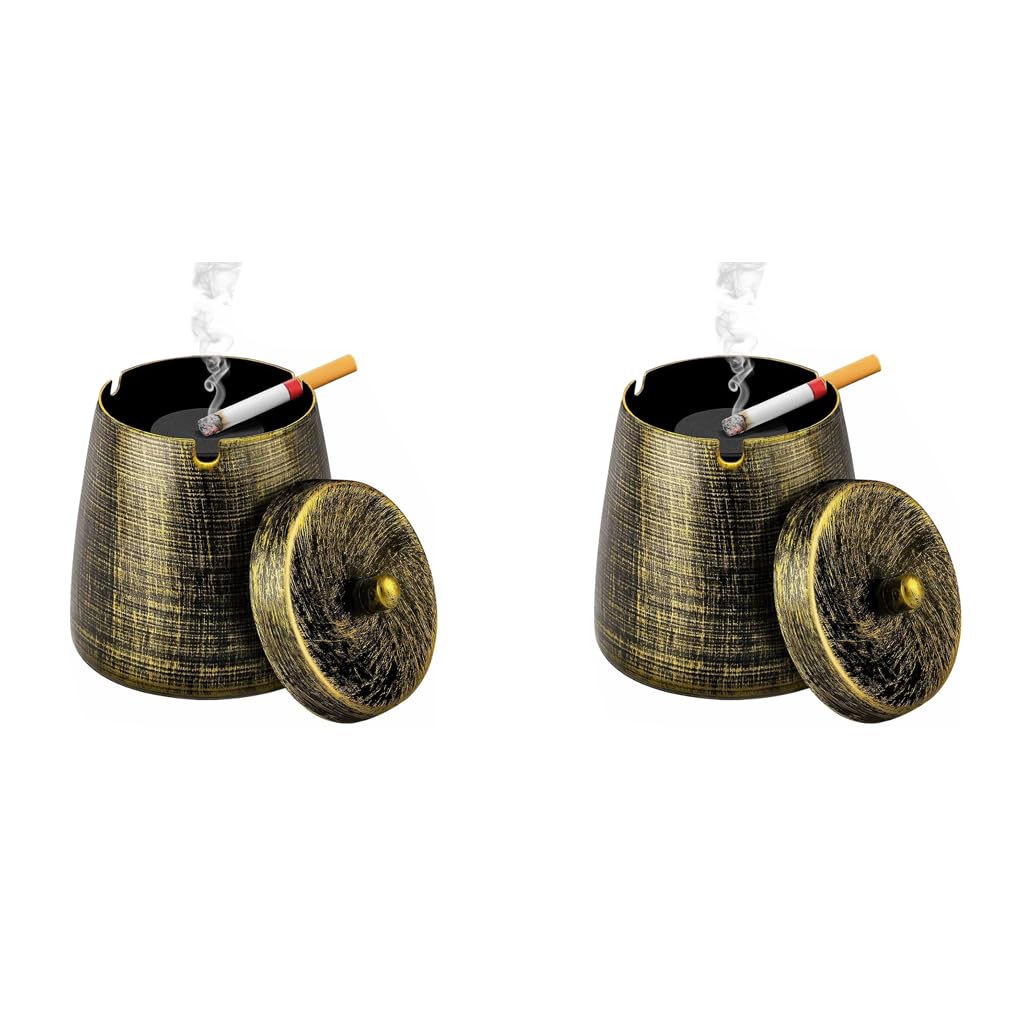HASTHIP® Ashtray for Cigarette with Lid Vintage Windproof Metal Tray for Car Office Living Room Outdoor Indoor Fancy Gift for Smokers 2PCS-picture-24