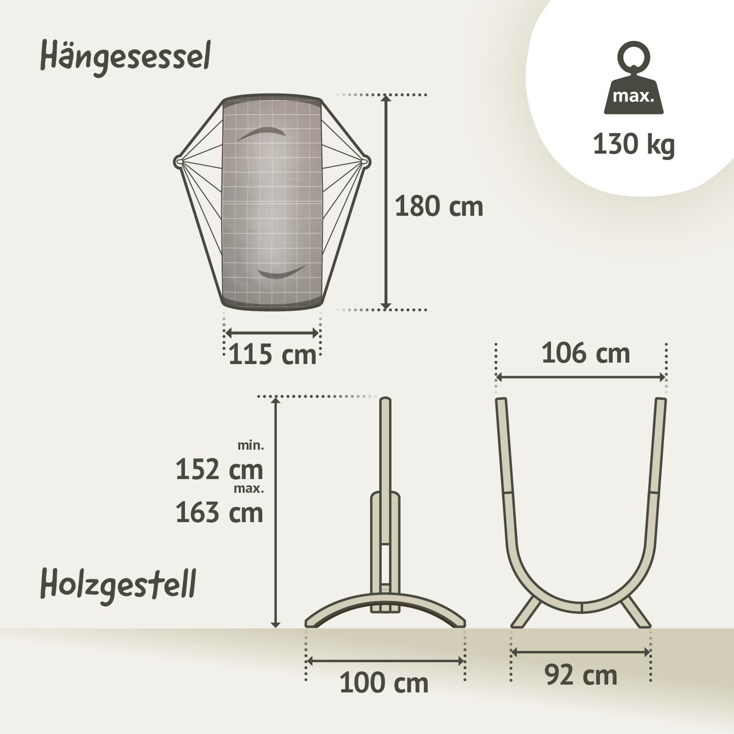 LA SIESTA® – Wetterfester Hängesessel Udine Mit Holzständer – Handgefertigter, Reißfester Outdoor-Hängesessel Mit FSC-Zertifiziertem Eukalyptus-Gestell für Außenbereich – Almond