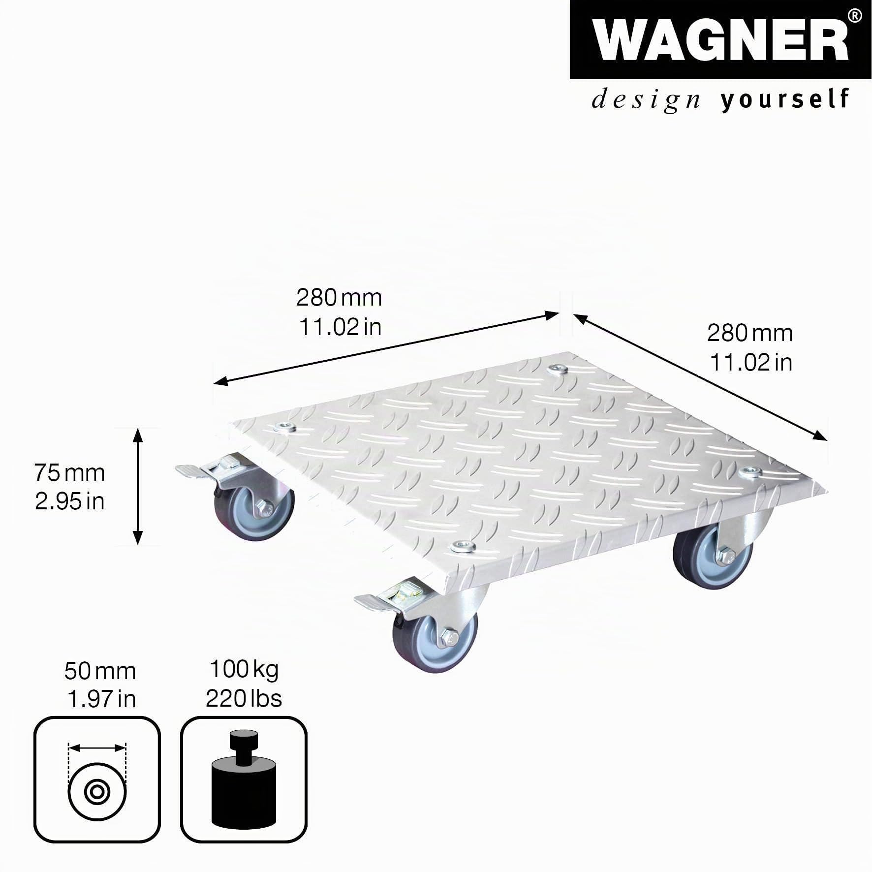 WAGNER Pflanzenroller Alaska 28 x 28 x 7,5 cm I Blumenroller für Außenbereich + Innenbereich I Kübelroller aus Aluminium Riffelblech I 2 Total-Feststeller I Tragkraft 100 kg I Made in DE- 20700401