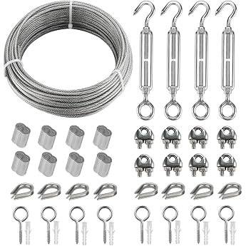 20 m Stainless Steel Cable Kit 3 mm Wire Rope Trellis Tension Wire with M5 Stainless Steel Rope Tensioner/Turnbuckle Hook and Eyelet Eye Screw Wire Rope Clamp Aluminium Press Clamps & Wire Rope Thimbles