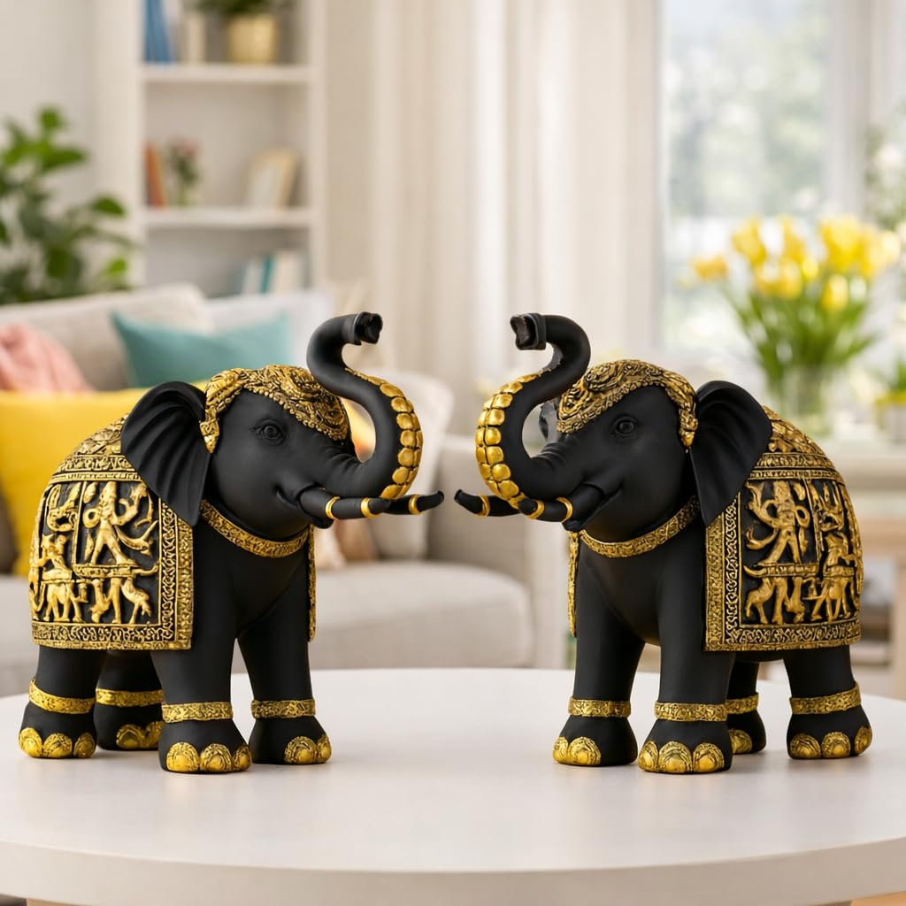 Decorative Elephant Showpiece Figurines, Black and Gold, Set of 2, Home Decor Statue with Traditional Design SIZE-23X9X20 CM-image-6