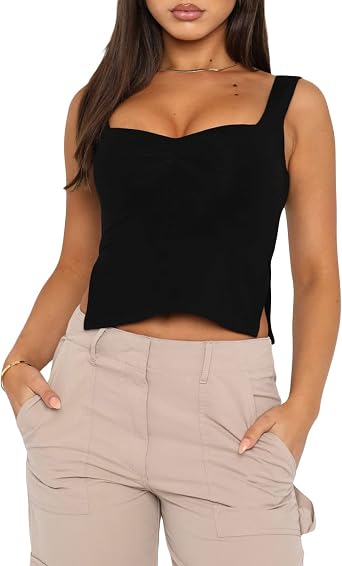 Womens Y2K Sleeveless Strappy Crop Tops Ruched Sweetheart Neck Backless Cropped Tank Top Slits Cami Shirt