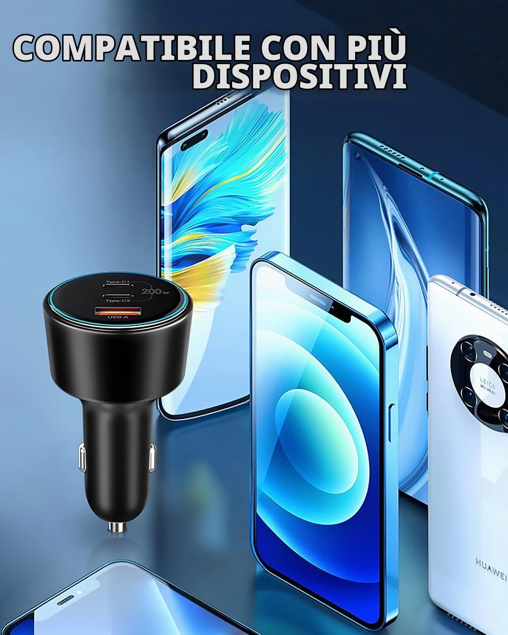 Caricatore Auto USB C da 200W, Caricabatteria Auto Accendisigari 12V-24V da 3 Porte con Cavo 100W, Compatibile con iPhone 16/15/14, Samsung Galaxy S24/23, Xiaomi, MacBook, iPad Pro, Air Mini