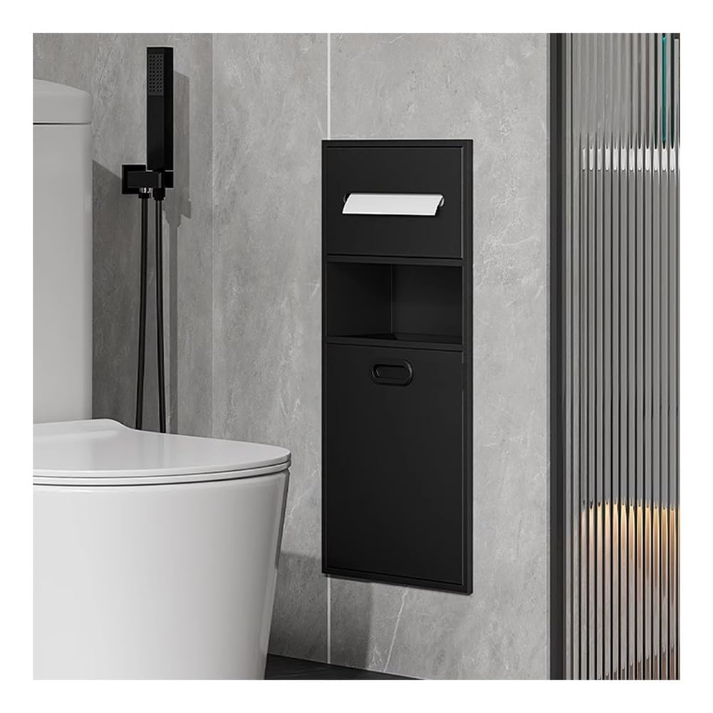 QUSYZD Modern Stainless Steel Shower Niche Organizer with Trash Compartment – Double Layer Vertical Shelf for Bathroom Storage, Light Green,Black-30x65x14cm