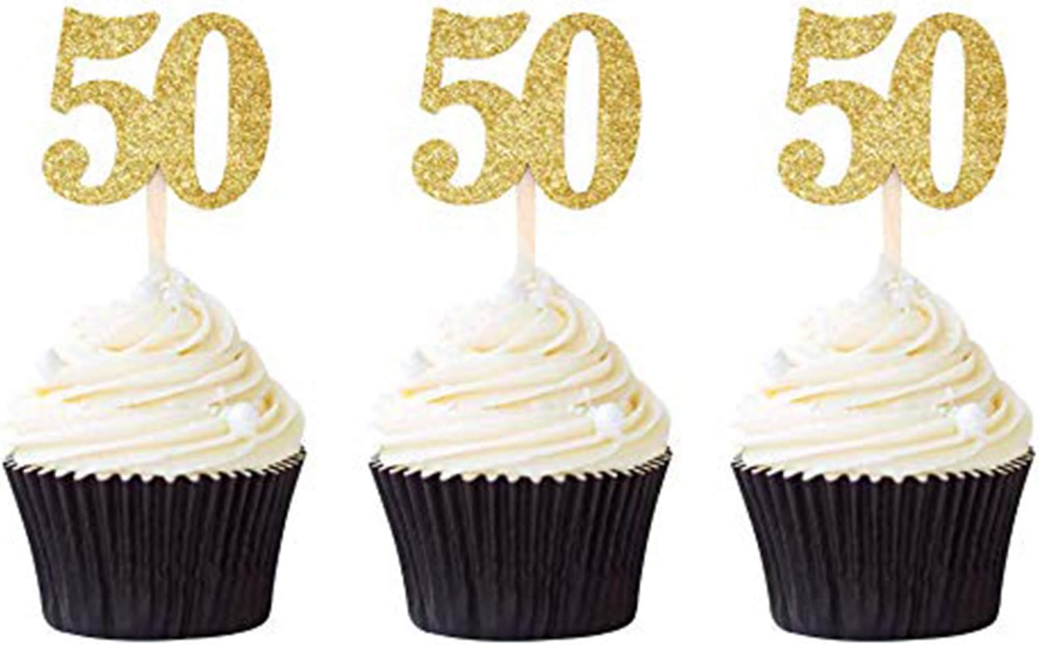 Honbay 50th Birthday Cupcake Toppers - 25-Pack Gold Glitter Cake Decorations With Picks