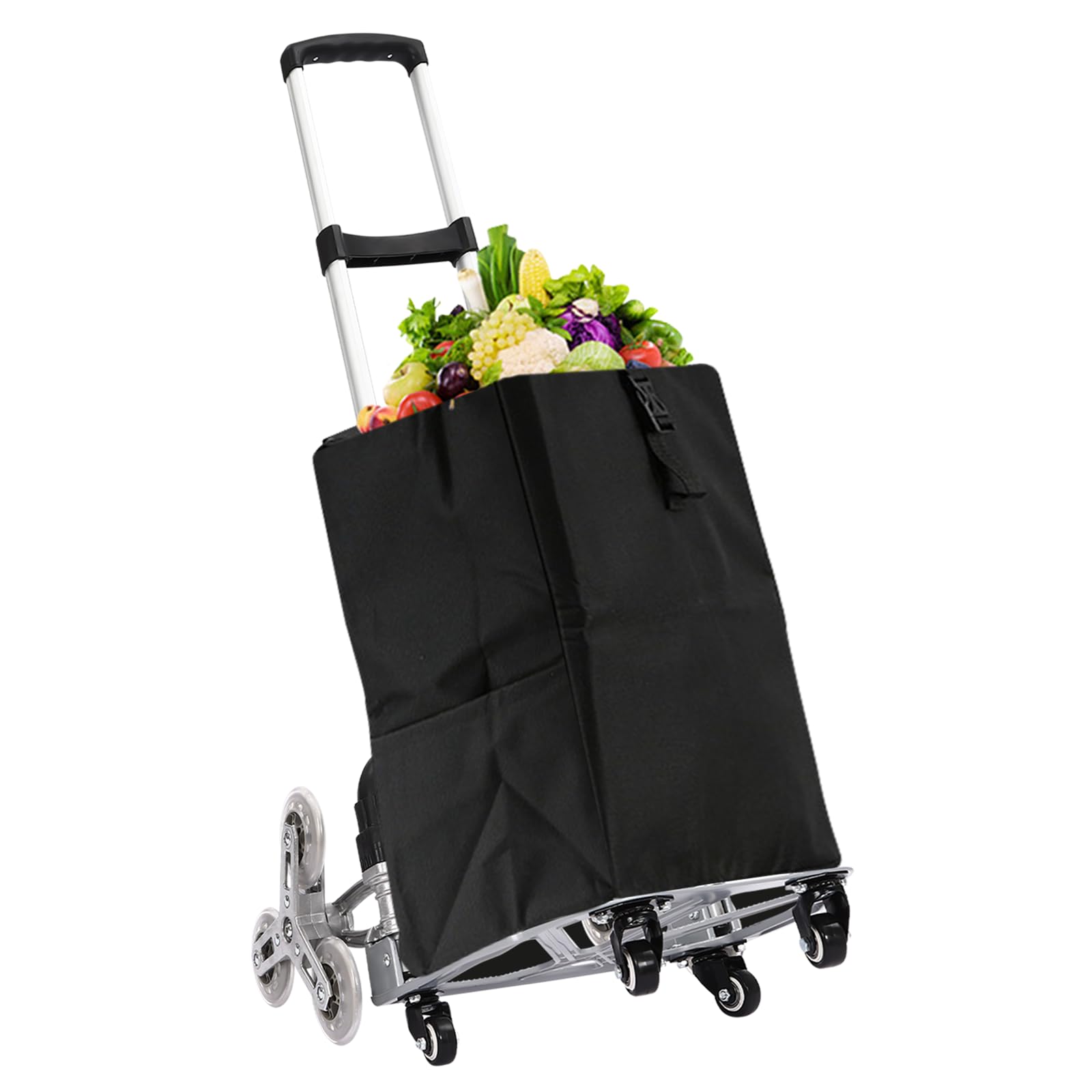 Carro de escalera plegable, carro de mano extensible | negro + plata | 48 x 6 x 106 cm | cada lado tiene 3 ruedas de PVC |